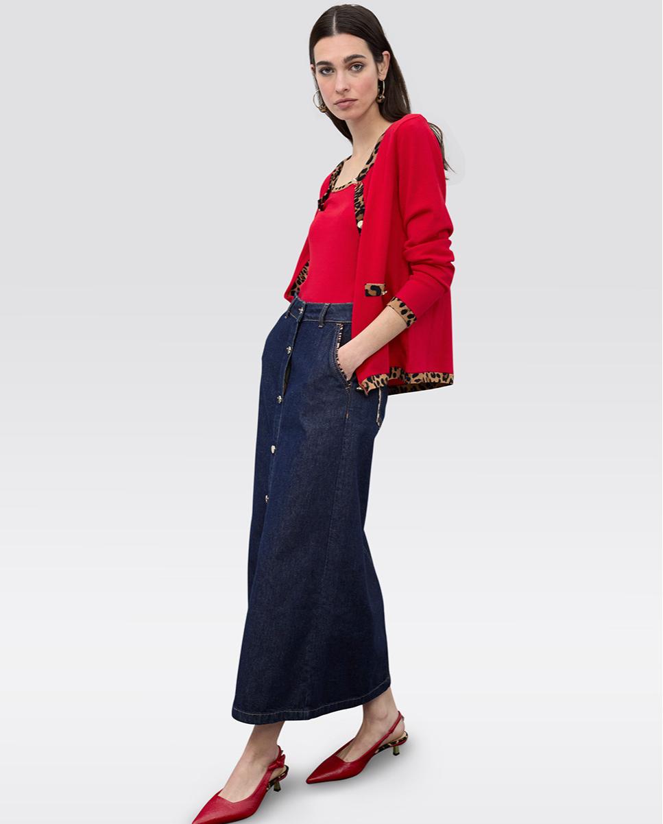 Saia Comprida Denim com Vivos Animal Print Azul-escuro-4