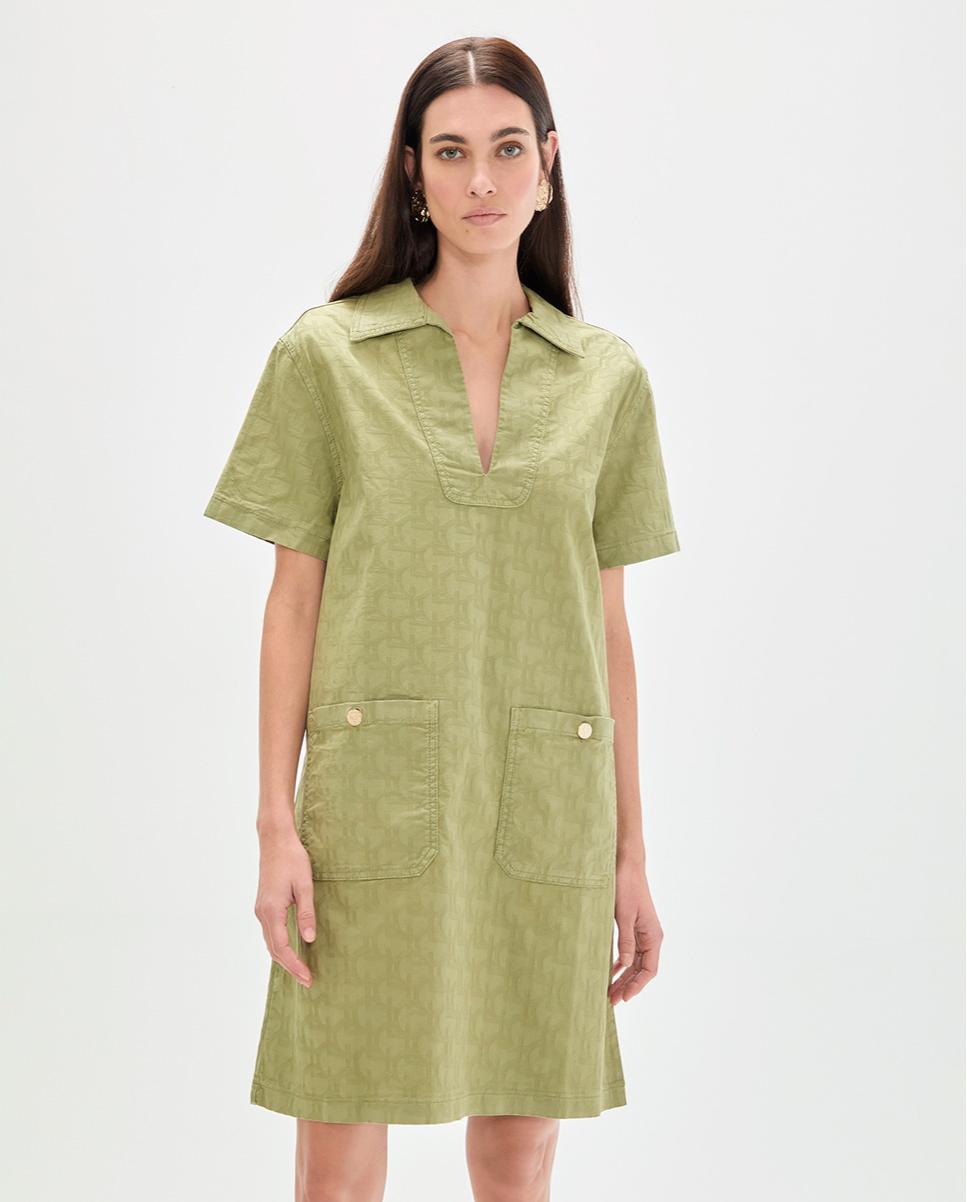 Vestido Curto em Sarja com Logo Jacquard Caqui-2