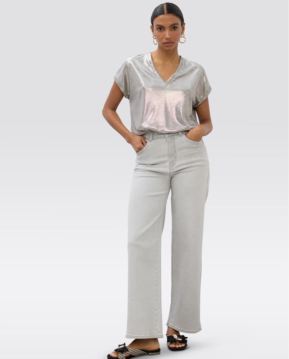 Jeans de Corte a Direito com Efeito de Lavagem e Strass Cinzento-claro-2