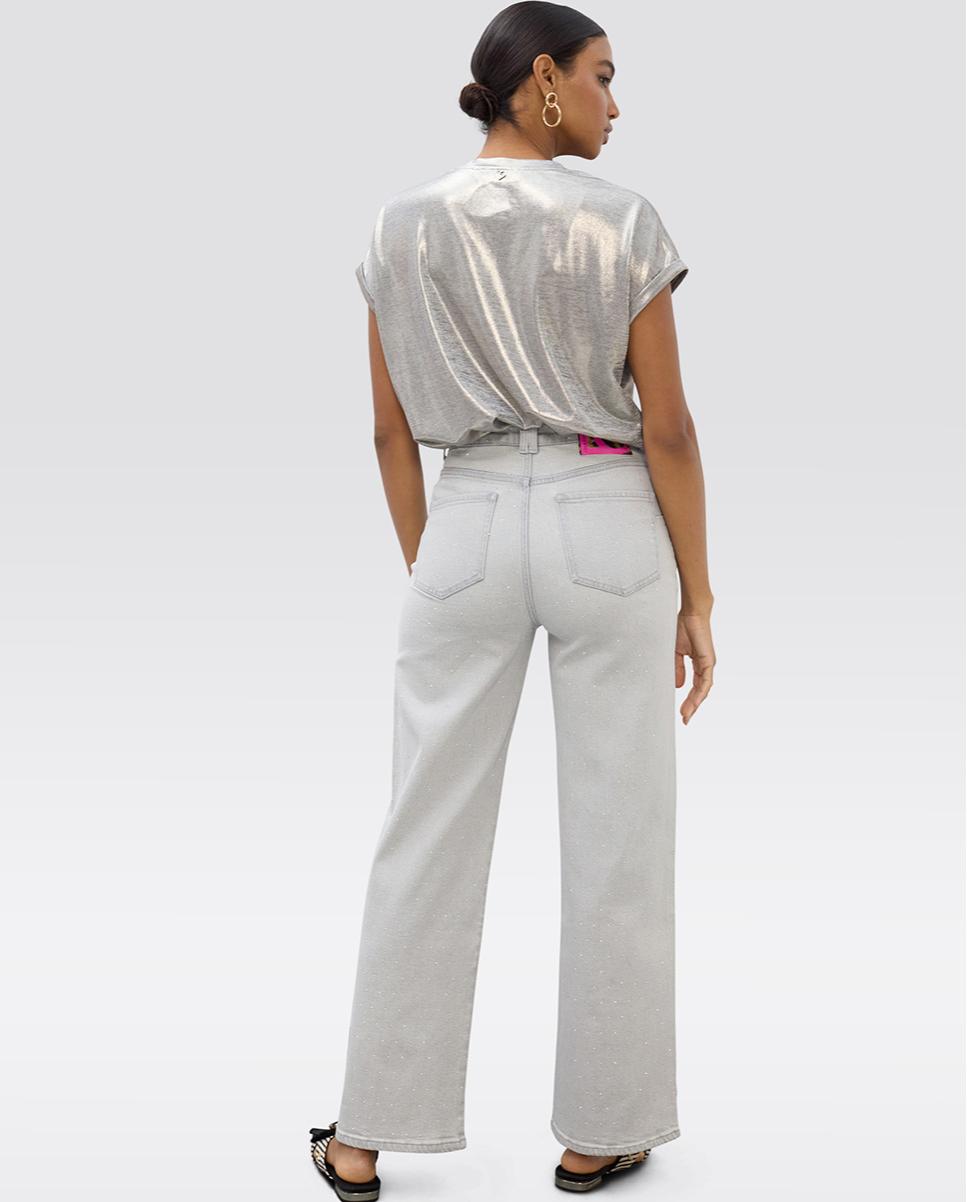 Jeans de Corte a Direito com Efeito de Lavagem e Strass Cinzento-claro-3