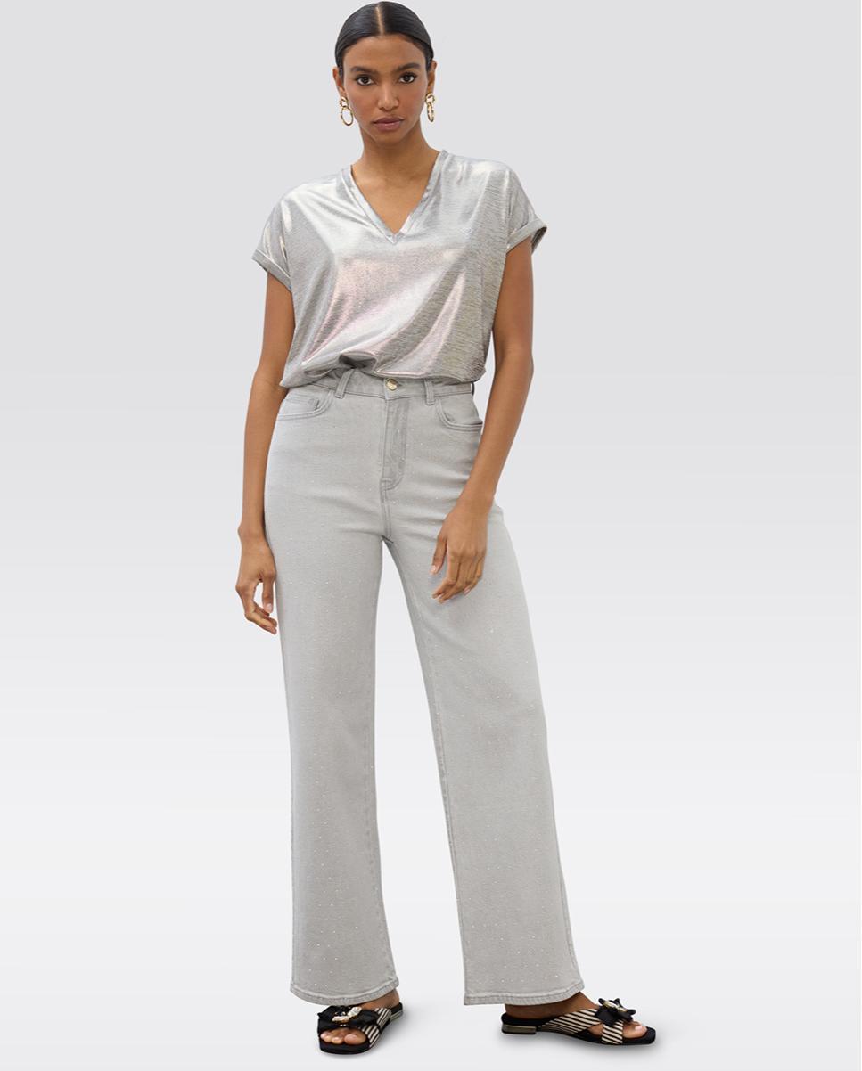 Jeans de Corte a Direito com Efeito de Lavagem e Strass Cinzento-claro-4