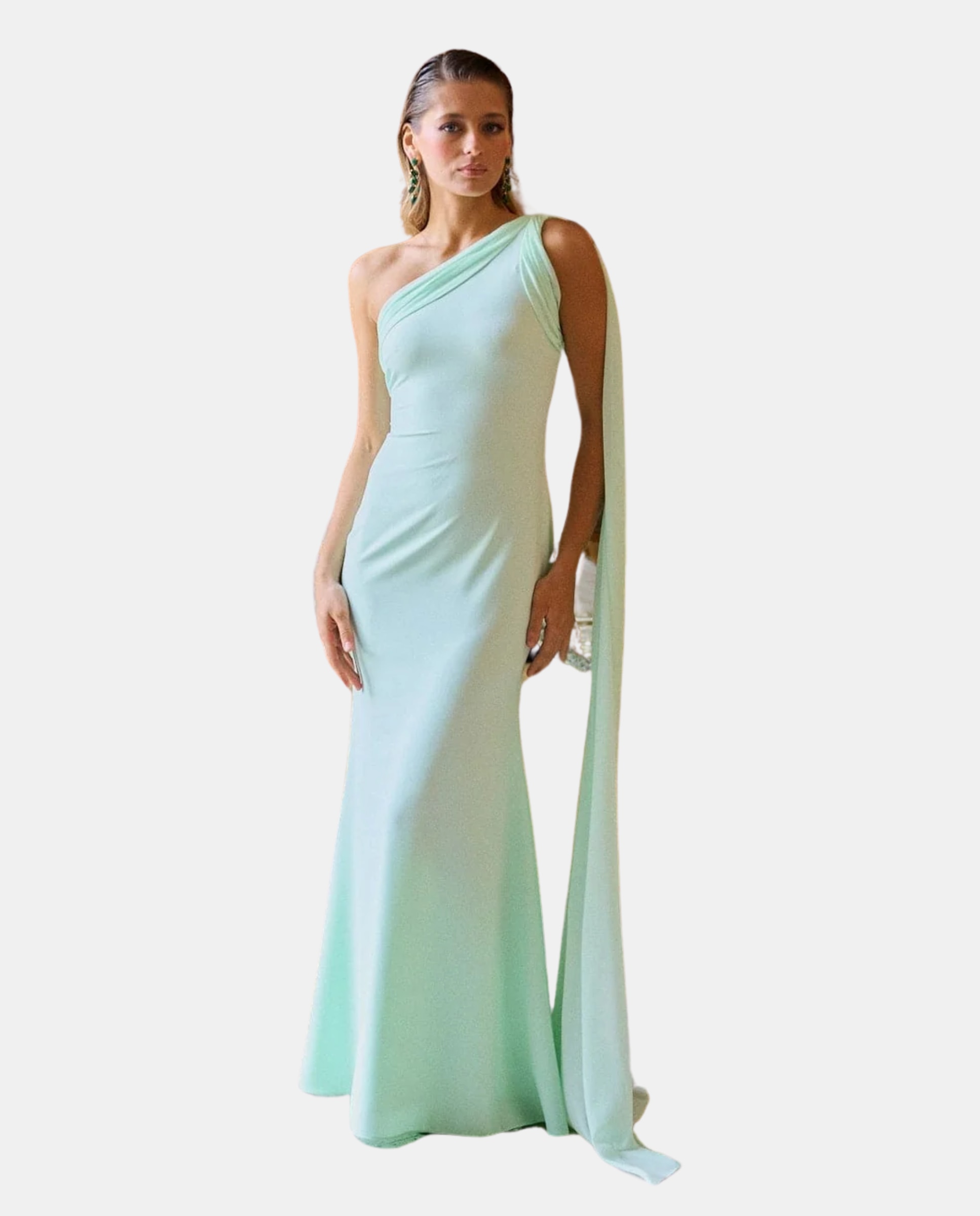 Vestido Comprido com Écharpe Multiposições e Decote Assimétrico Verde-menta-2