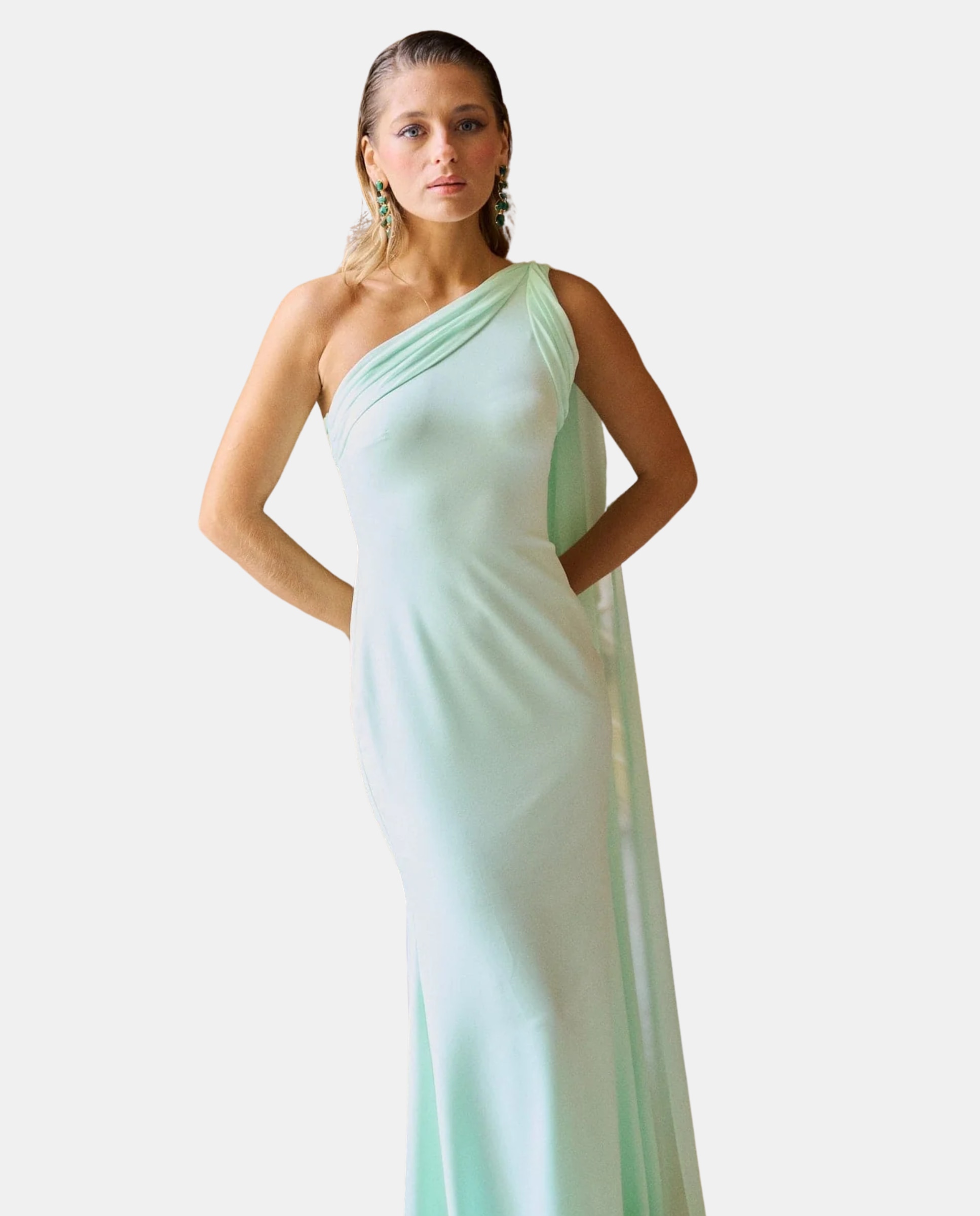 Vestido Comprido com Écharpe Multiposições e Decote Assimétrico Verde-menta-3