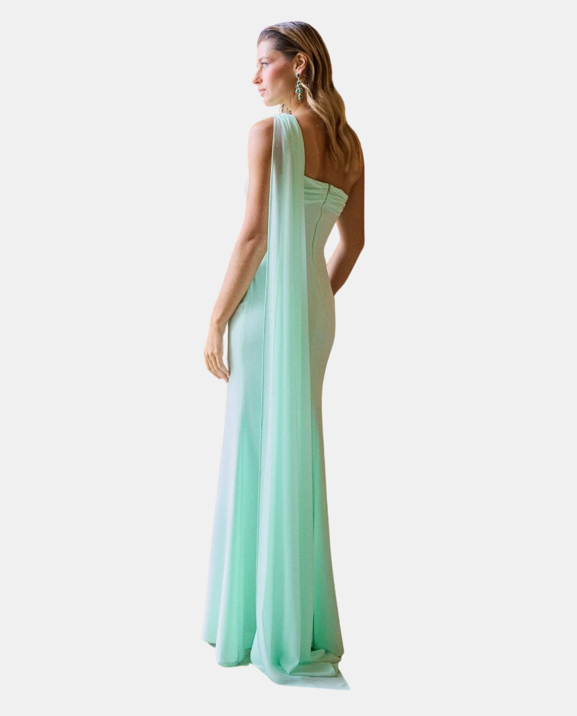 Vestido Comprido com Écharpe Multiposições e Decote Assimétrico Verde-menta-4