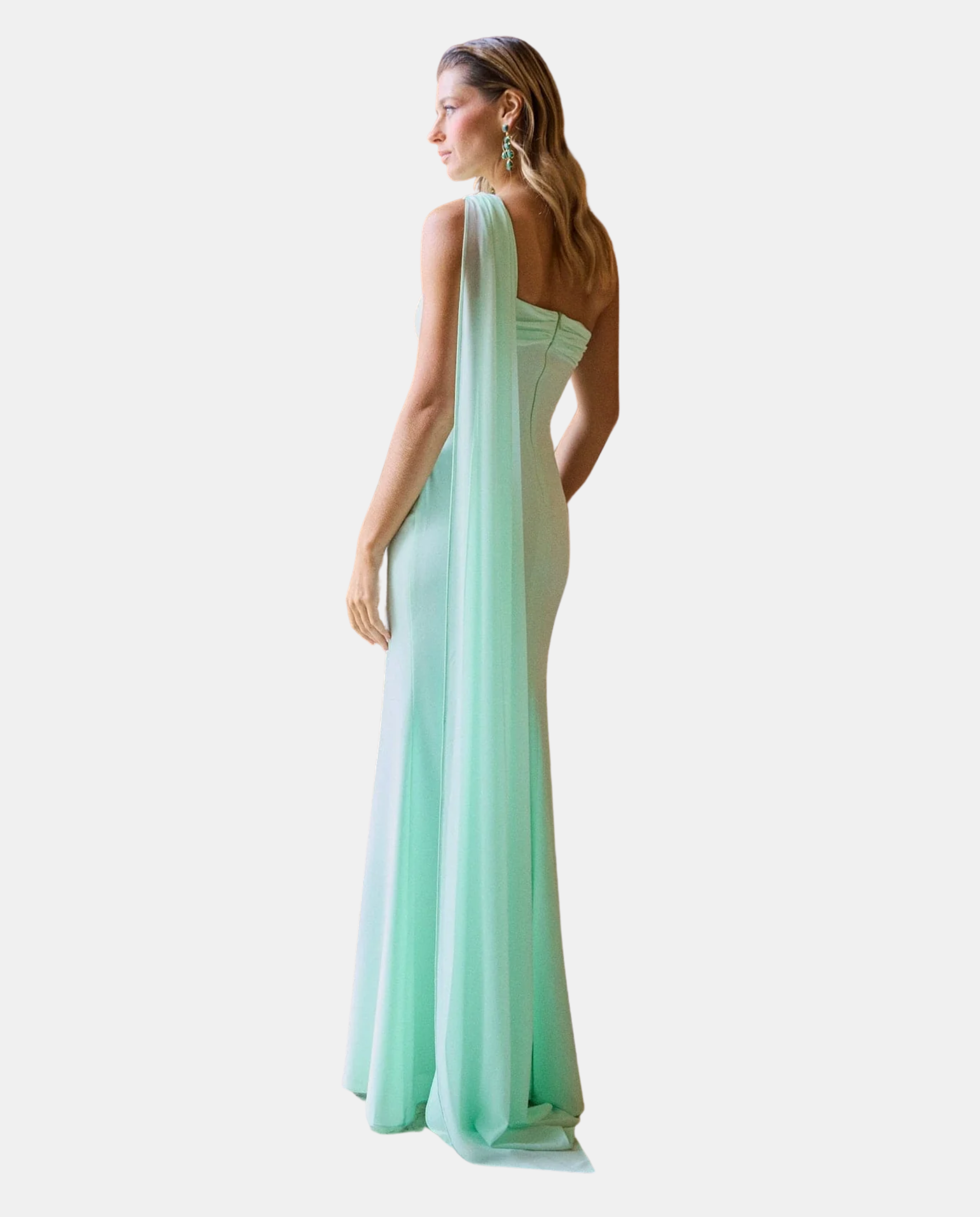 Vestido Comprido com Écharpe Multiposições e Decote Assimétrico Verde-menta-4
