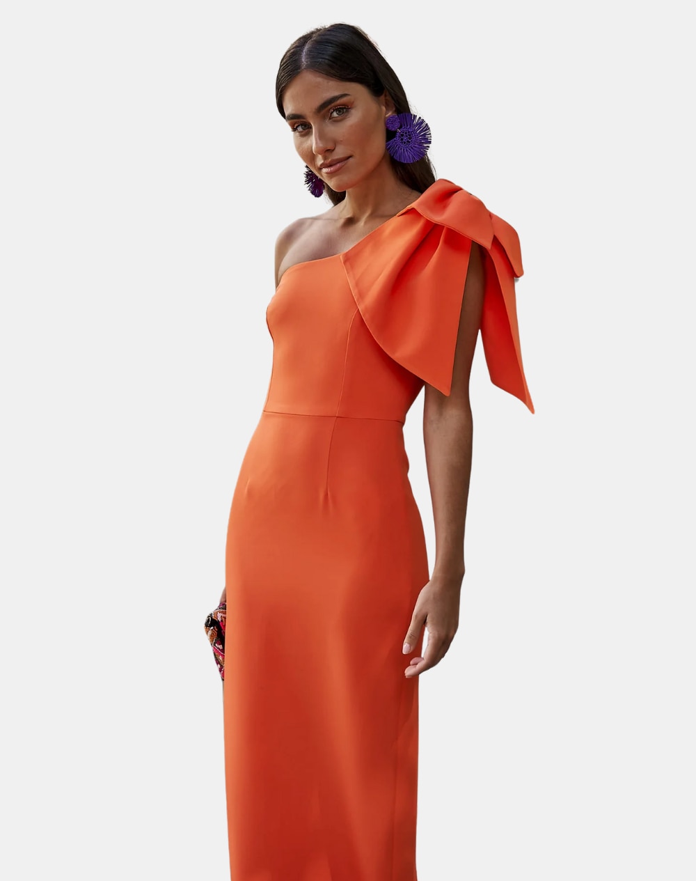 Vestido Comprido com Laço e Abertura Posterior Laranja-forte-1