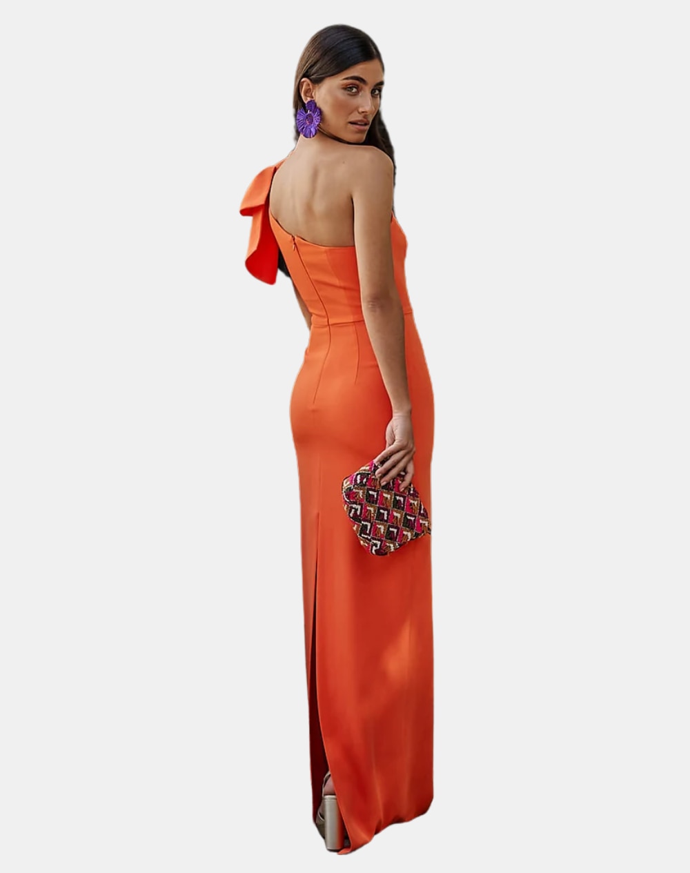 Vestido Comprido com Laço e Abertura Posterior Laranja-forte-4