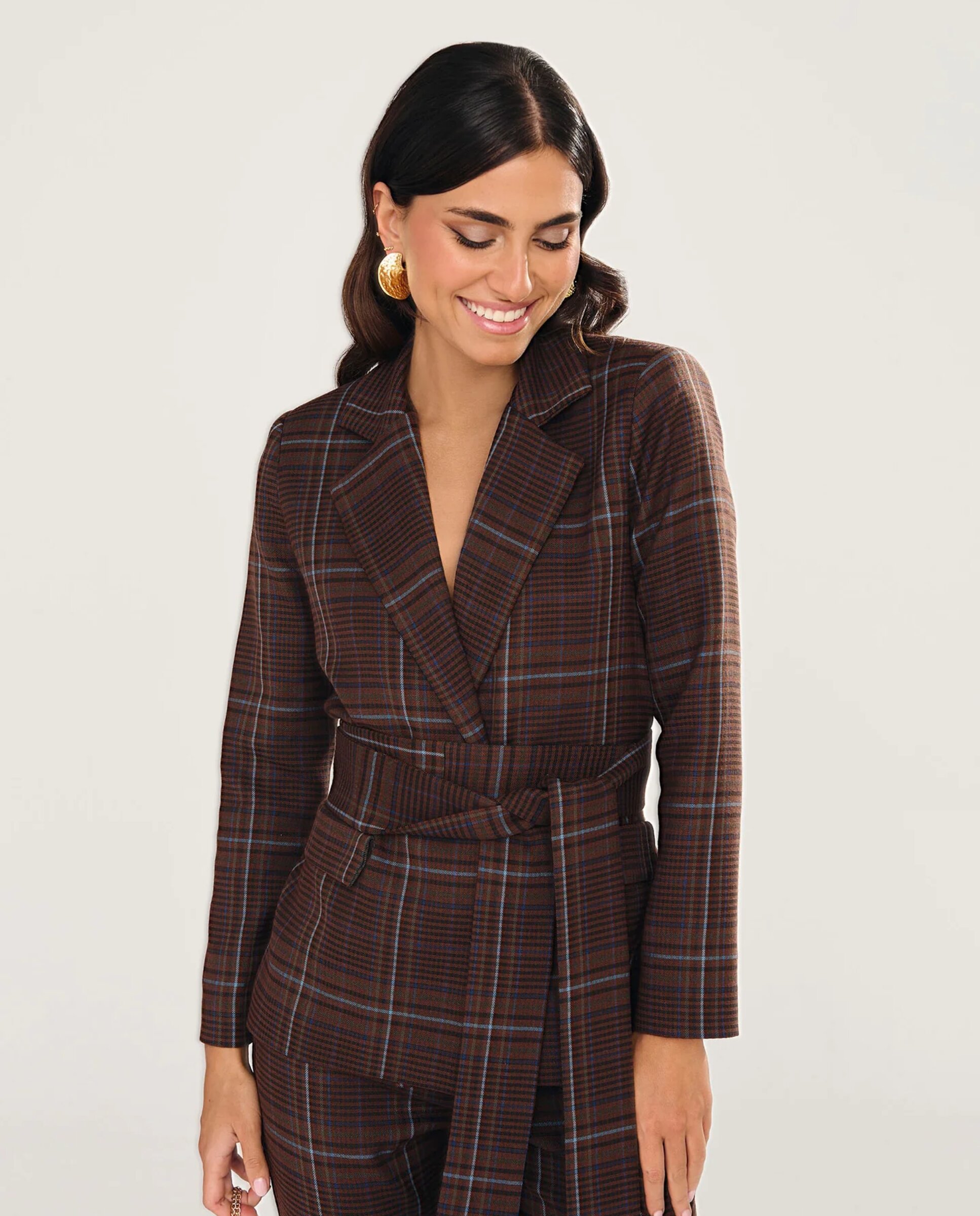Blazer Aos Quadrados com Decote Cruzado Castanho-escuro-5