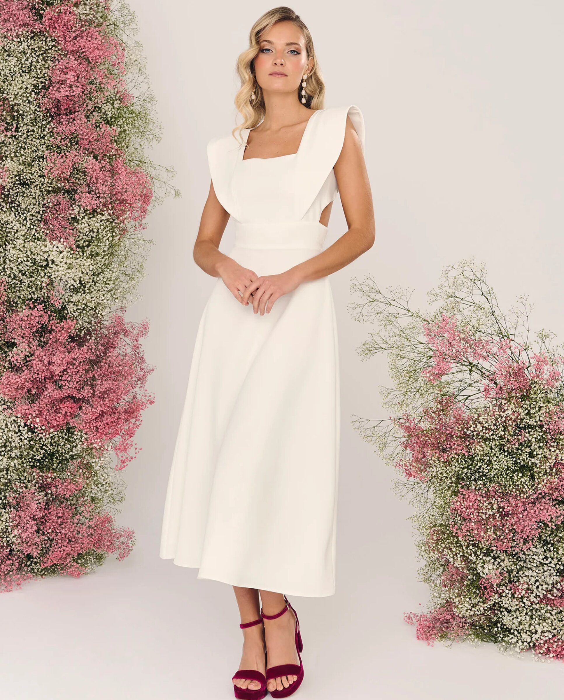 Vestido Midi de Noiva com Decote nas Costas Branco-3