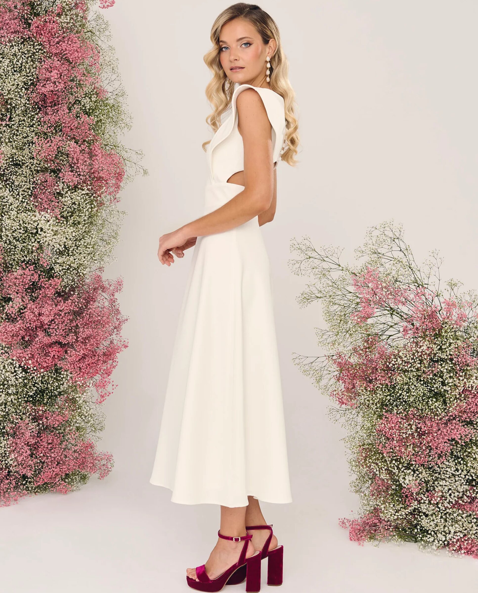 Vestido Midi de Noiva com Decote nas Costas Branco-5