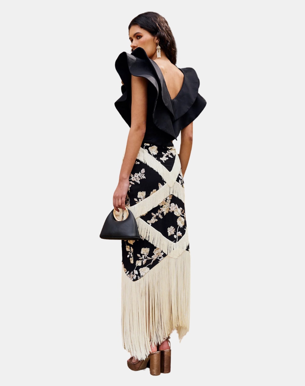 Saia Midi com Franjas Estampada Preto / Branco-2