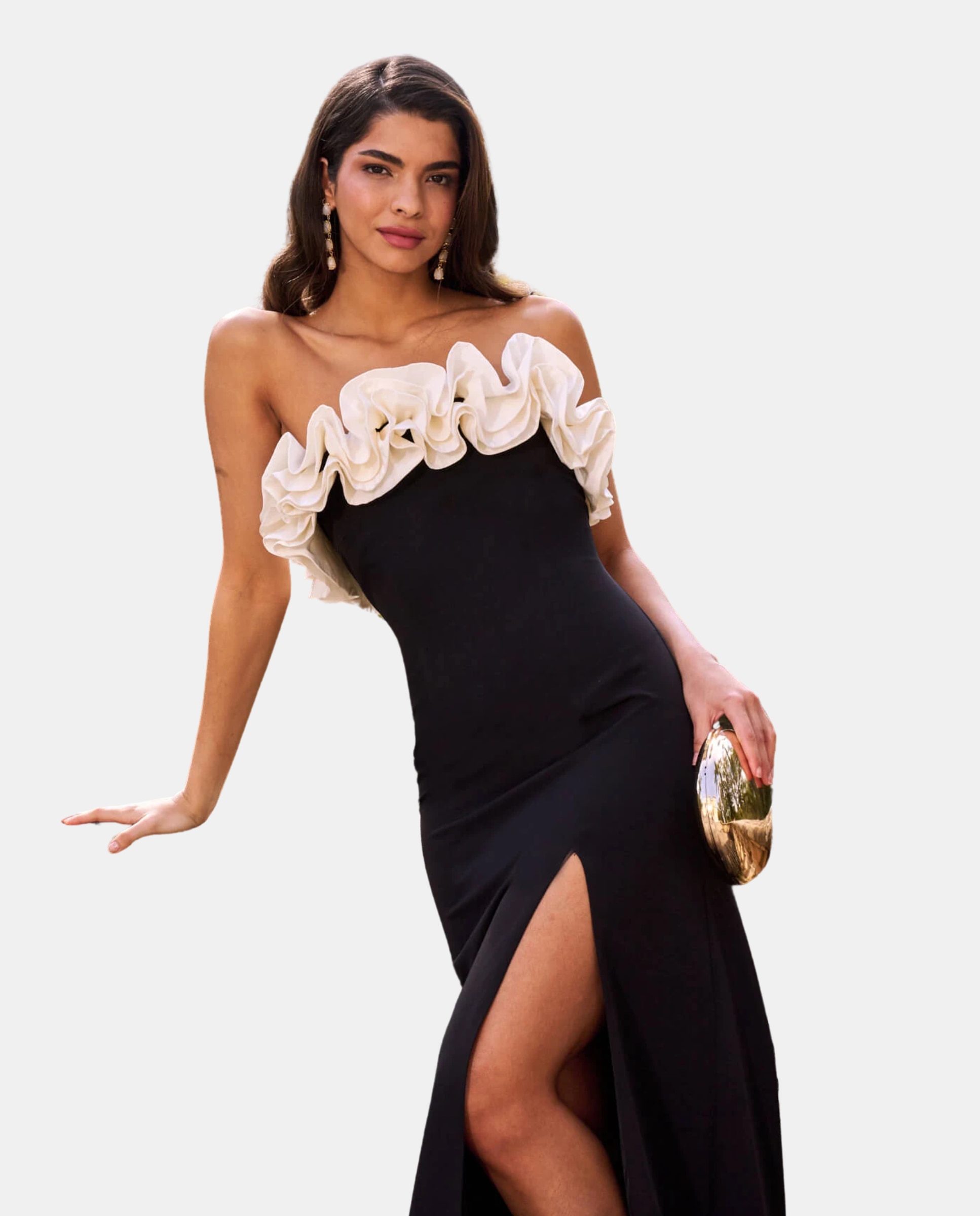 Vestido Comprido com Decote Palavra de Honra com Folhos Preto-2