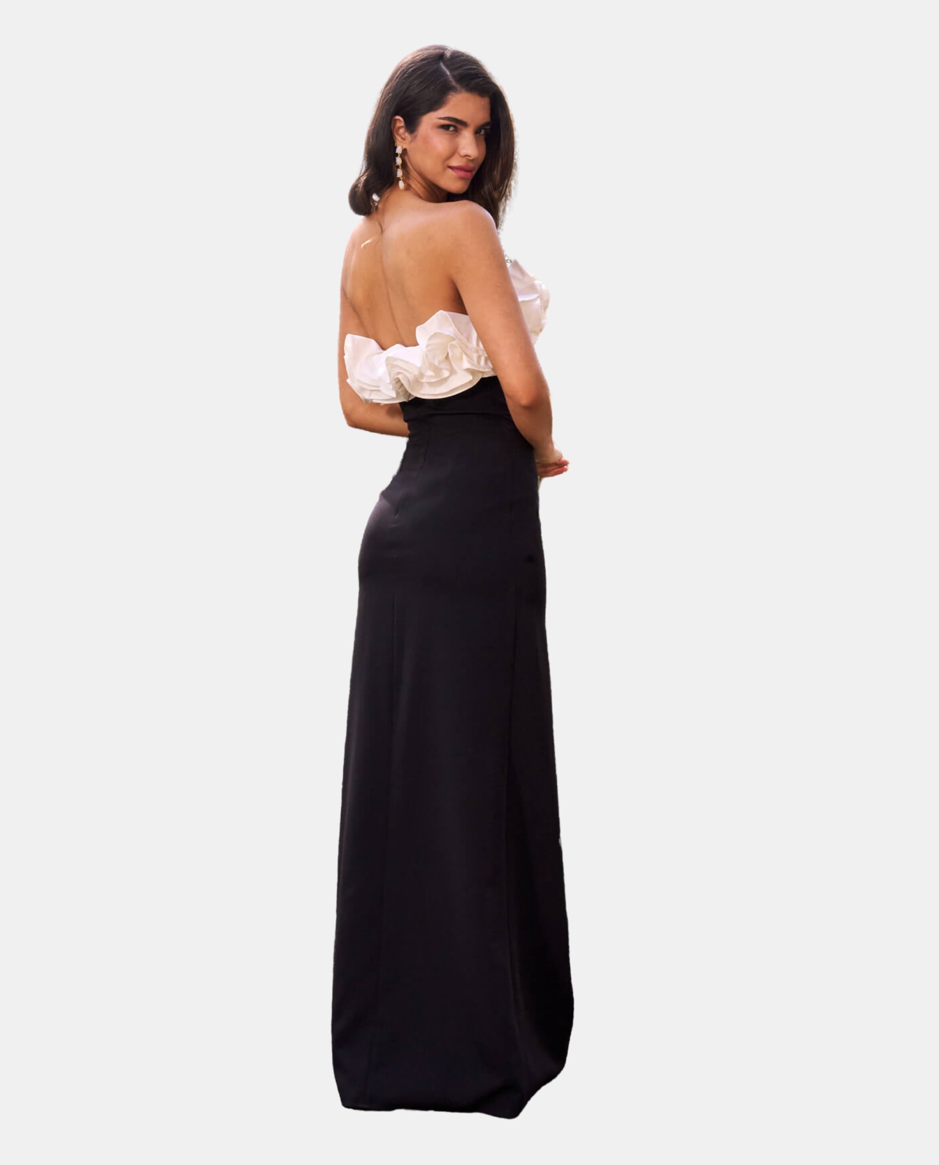 Vestido Comprido com Decote Palavra de Honra com Folhos Preto-3
