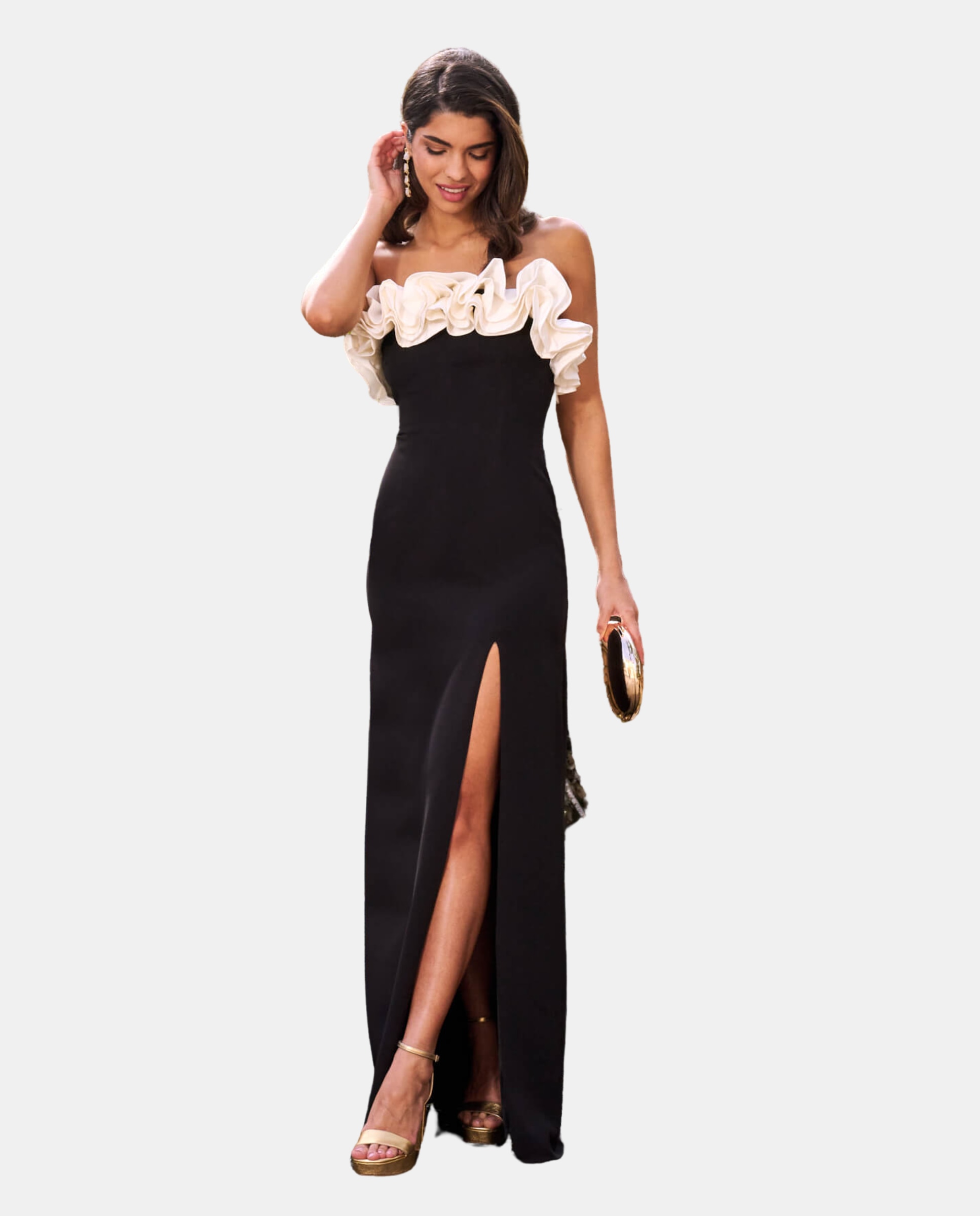 Vestido Comprido com Decote Palavra de Honra com Folhos Preto-4
