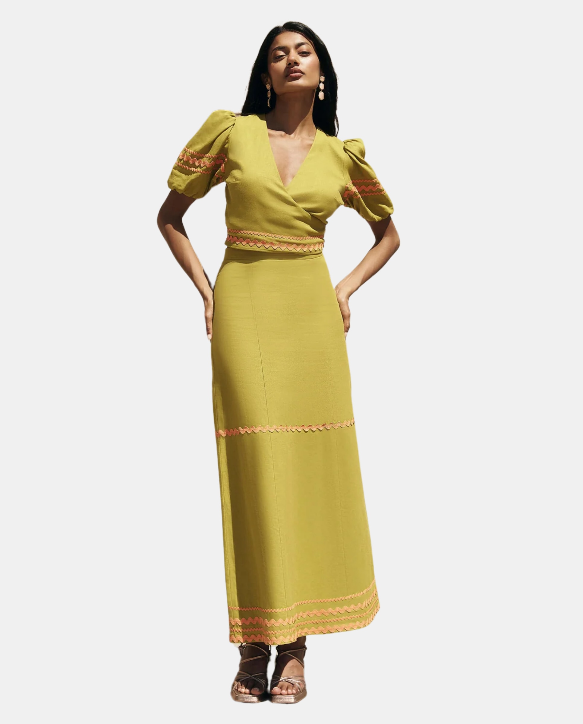 Saia Midi com Caída Fluida e Tiras Decorativas Verde Azeitona-1
