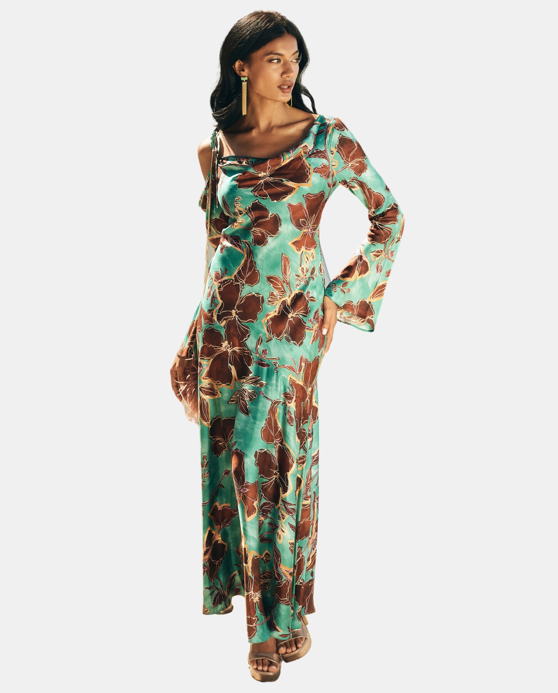 Imagem 0 de Vestido Midi Estampado com Ombro Descoberto