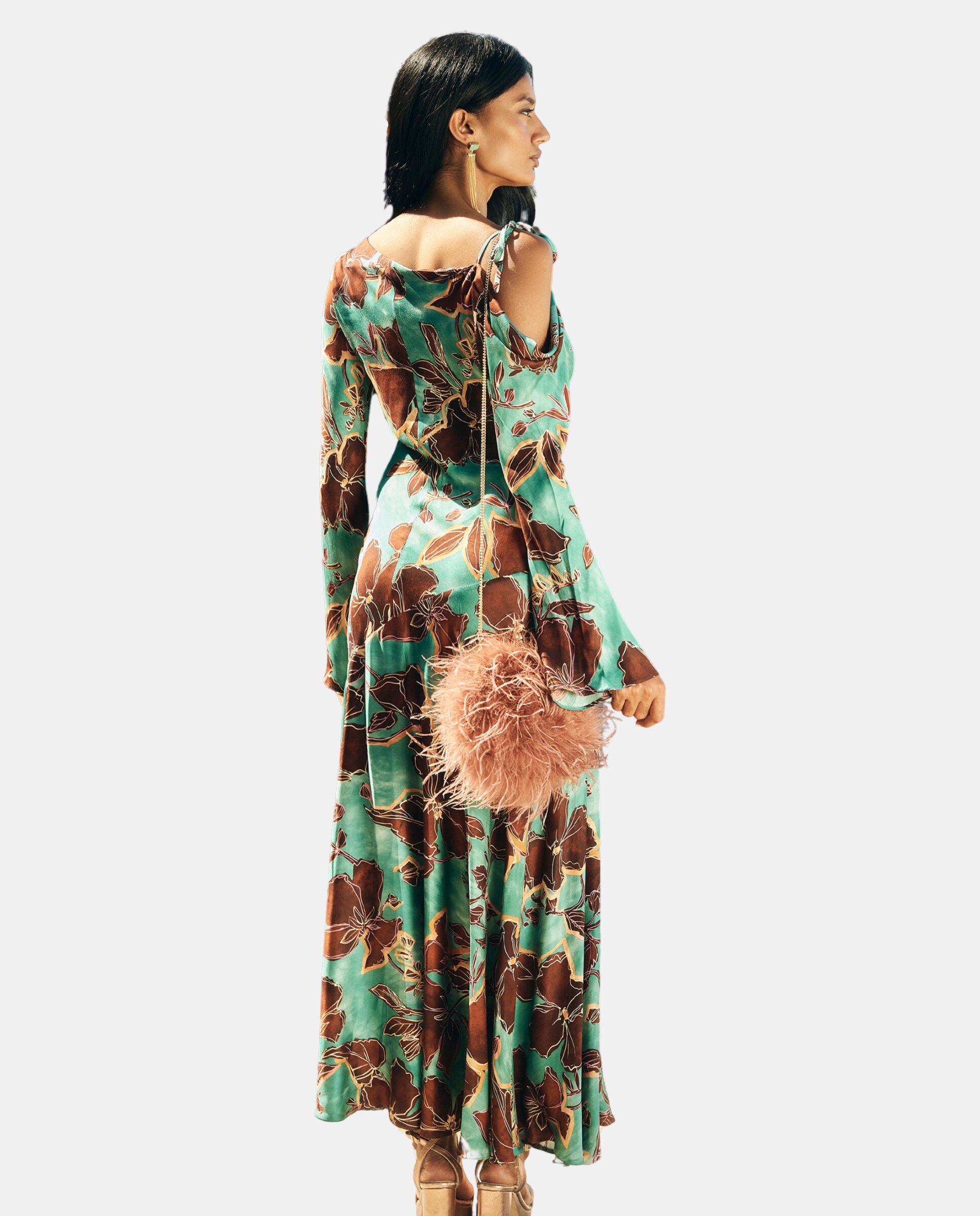 Vestido Midi Estampado com Ombro Descoberto Turquesa-2