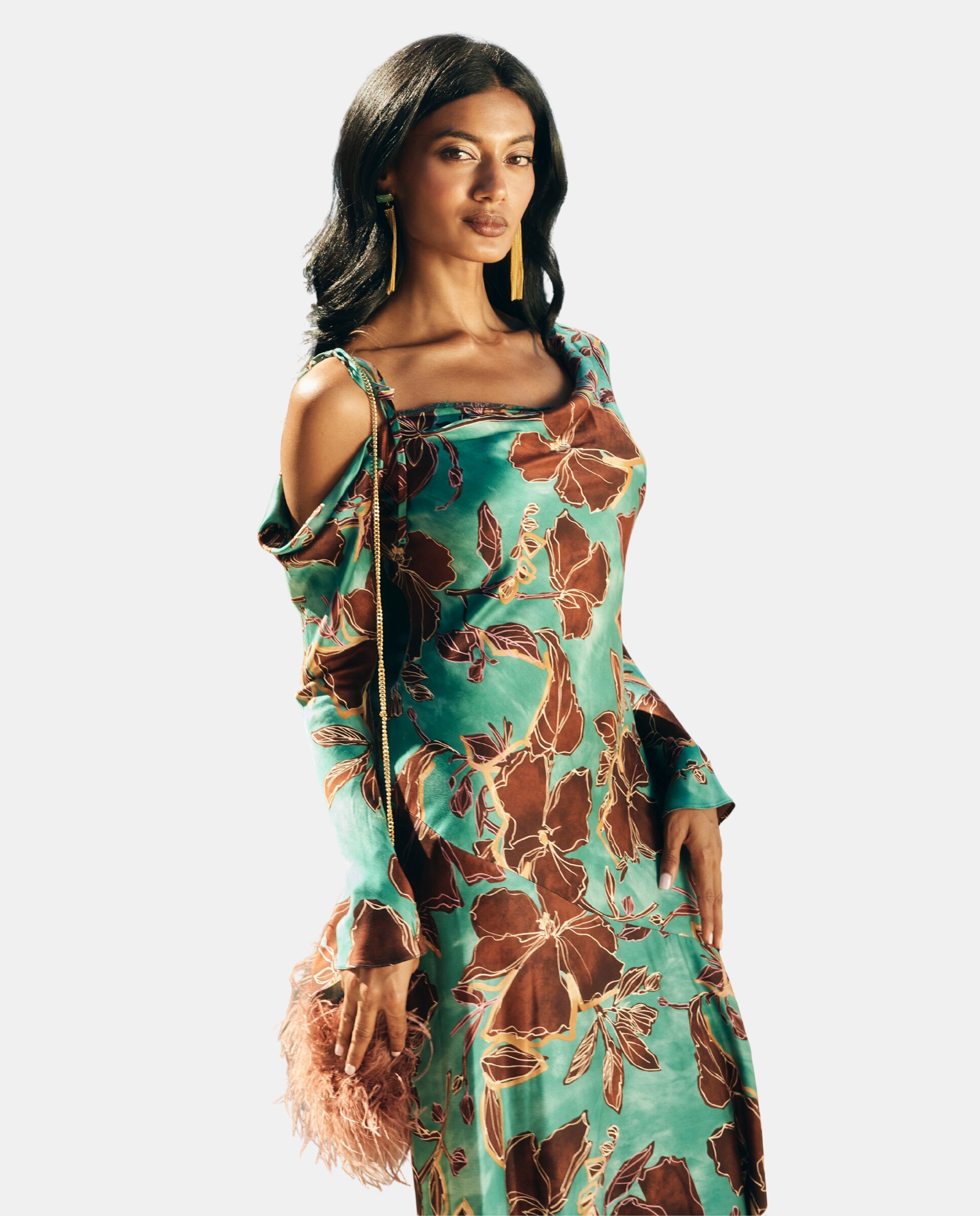 Vestido Midi Estampado com Ombro Descoberto Turquesa-3