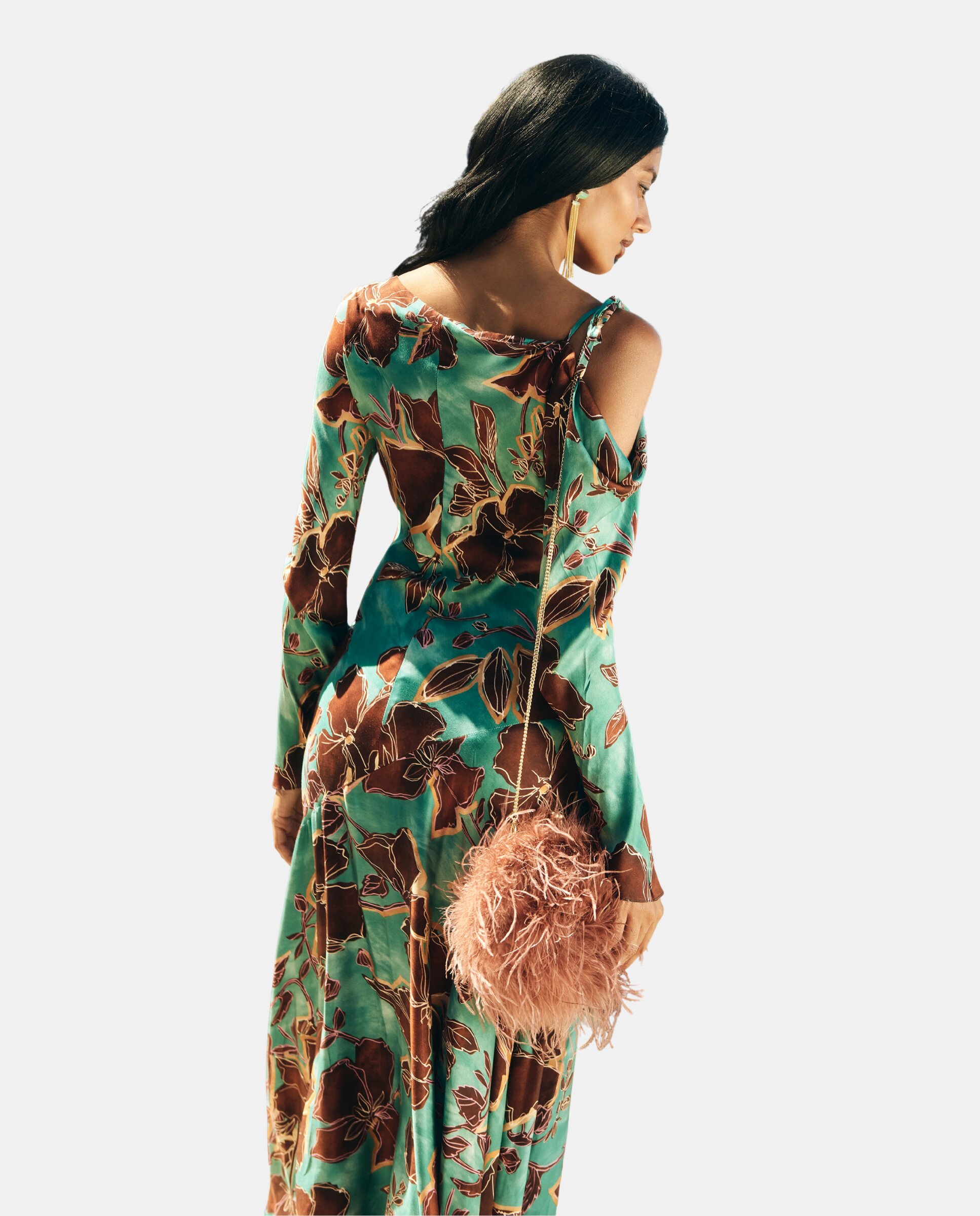 Vestido Midi Estampado com Ombro Descoberto Turquesa-4
