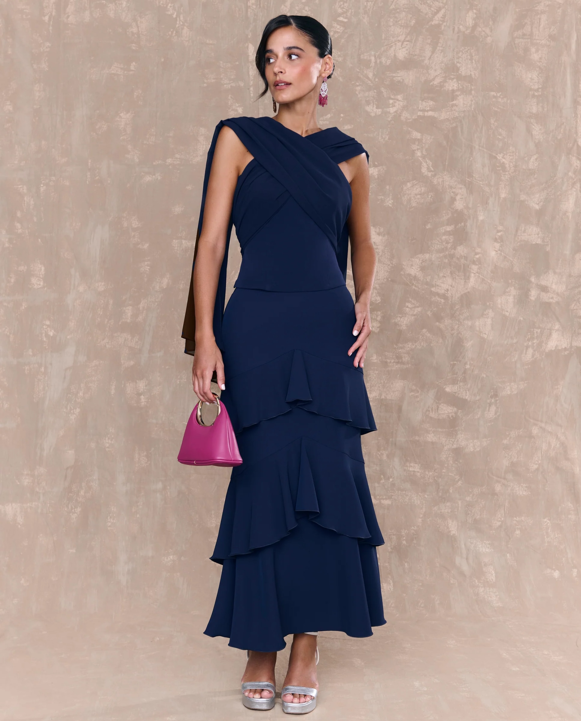 Saia Midi com Folhos Sobrepostos Azul-marinho-2