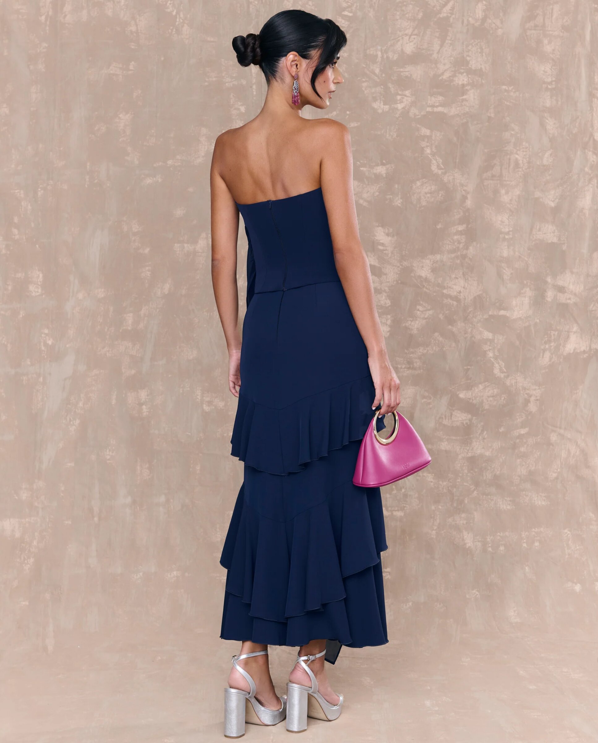 Saia Midi com Folhos Sobrepostos Azul-marinho-3