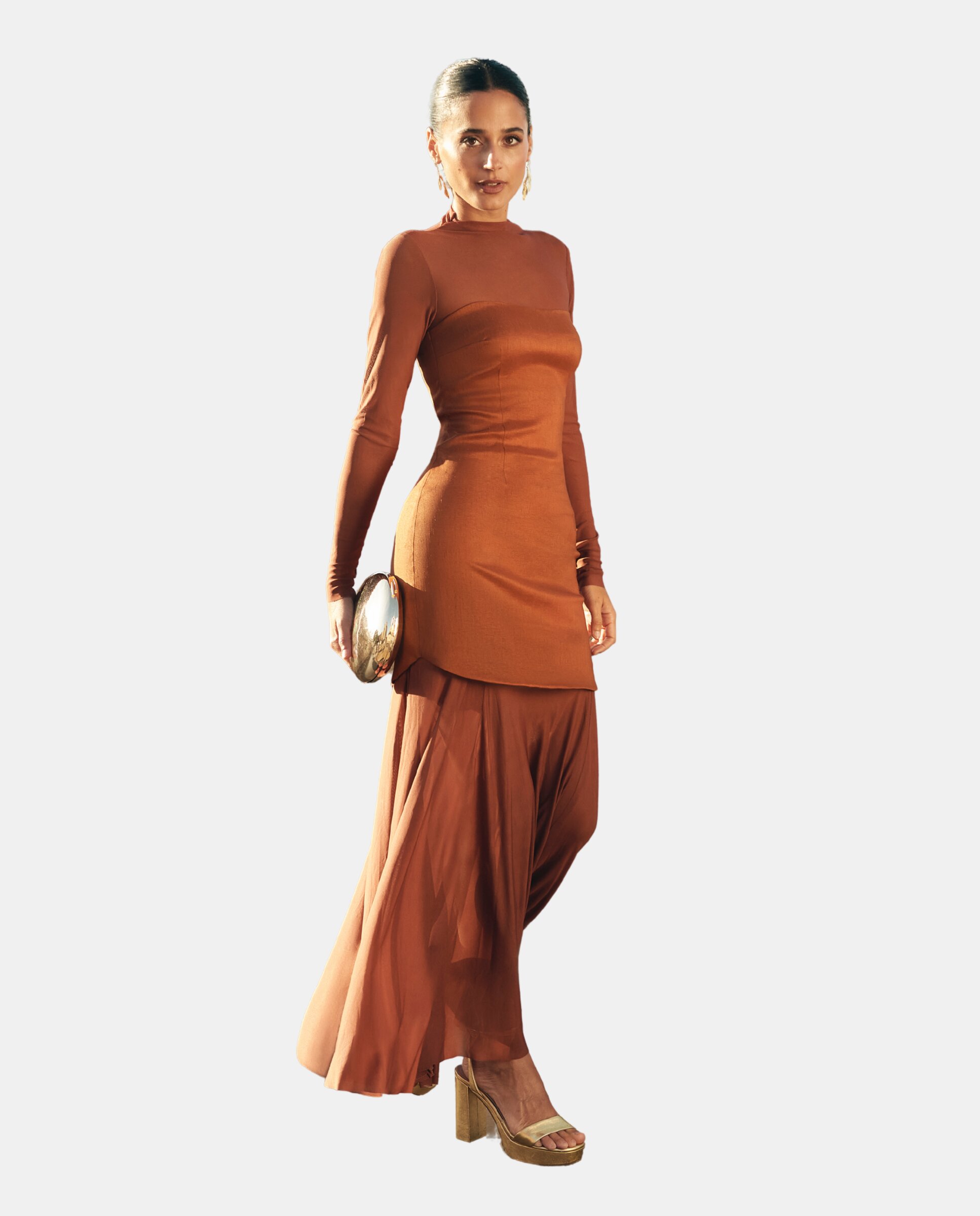 Vestido Midi com Tule e Decote Palavra de Honra Terracota-2