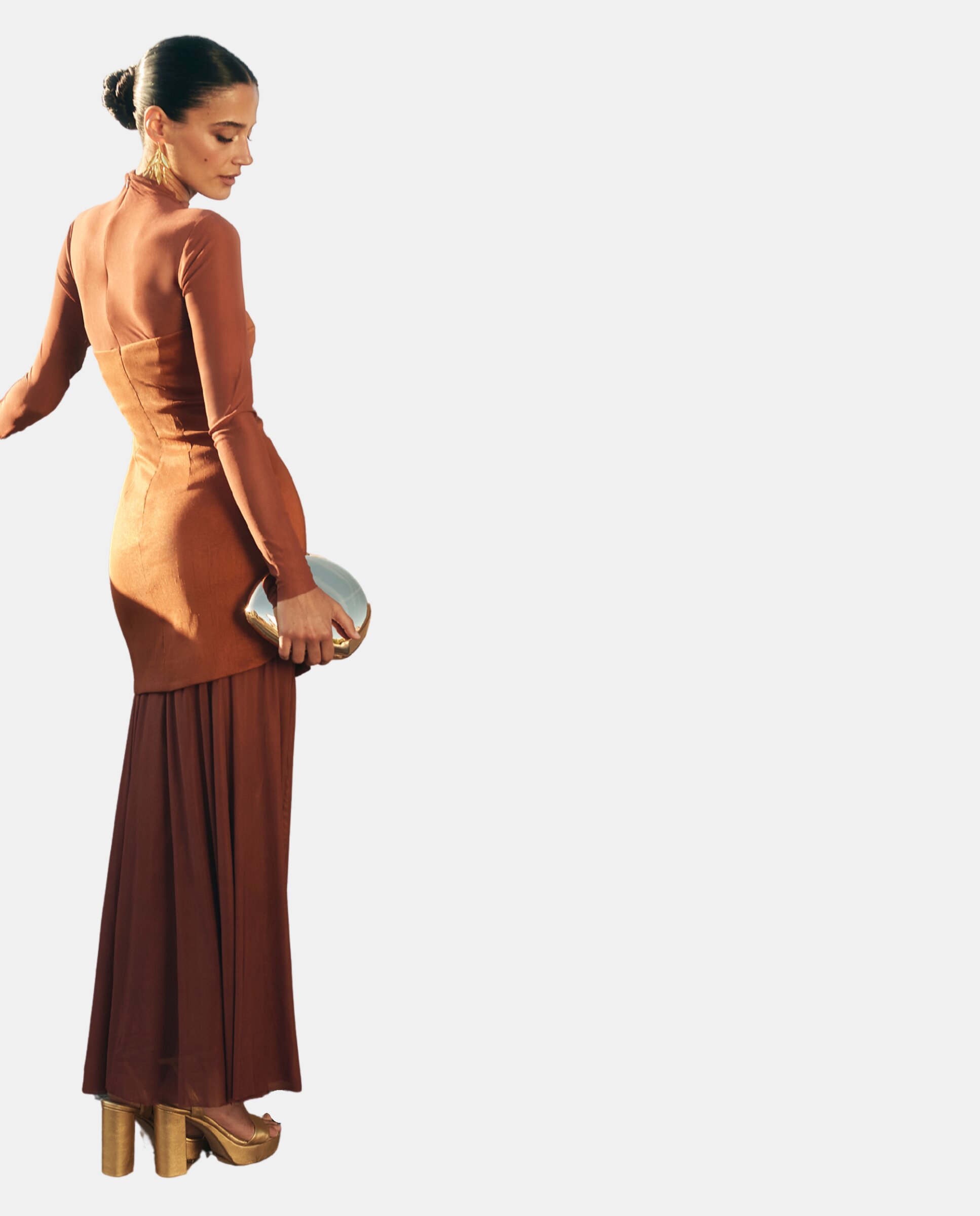 Vestido Midi com Tule e Decote Palavra de Honra Terracota-3