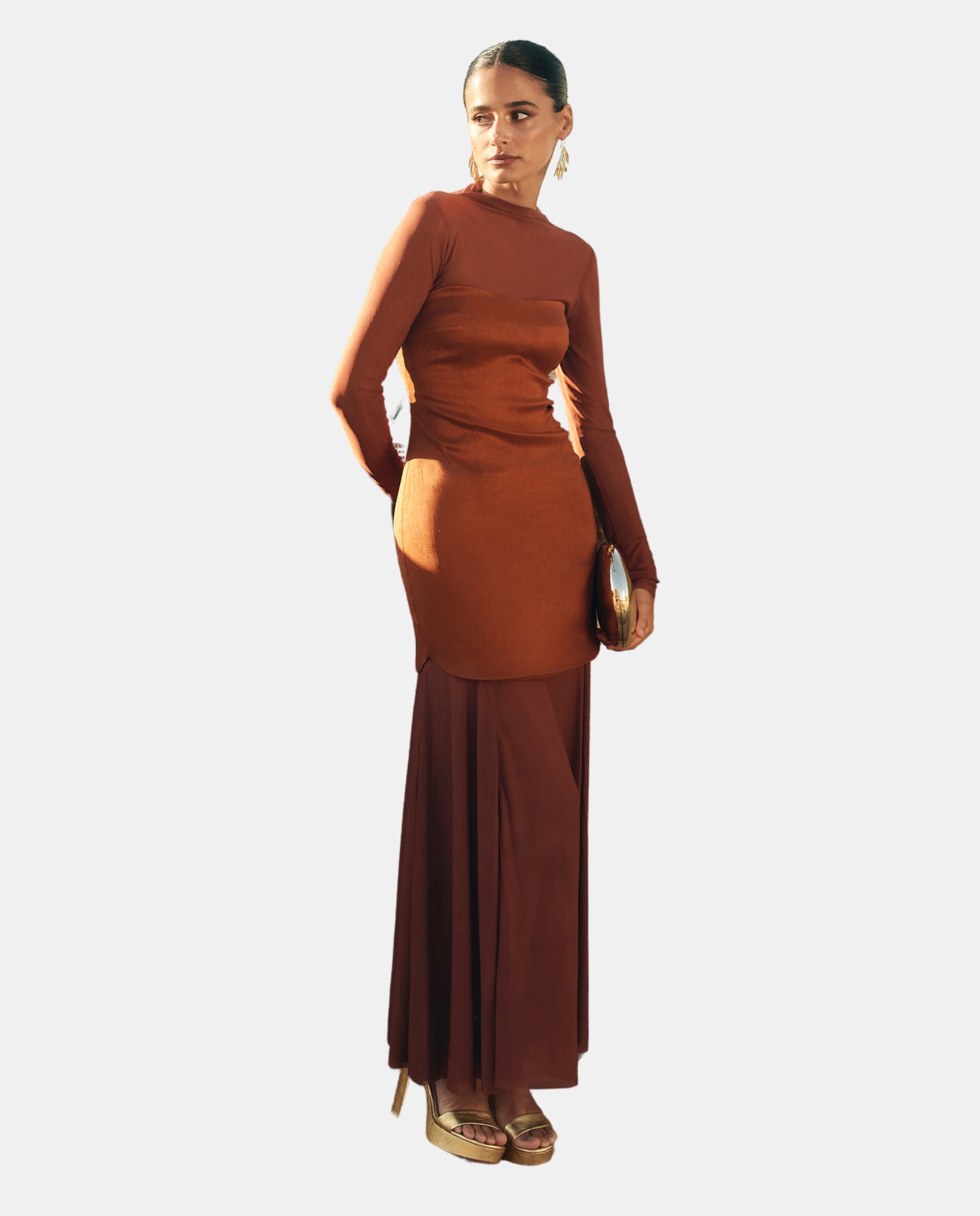 Vestido Midi com Tule e Decote Palavra de Honra Terracota-4