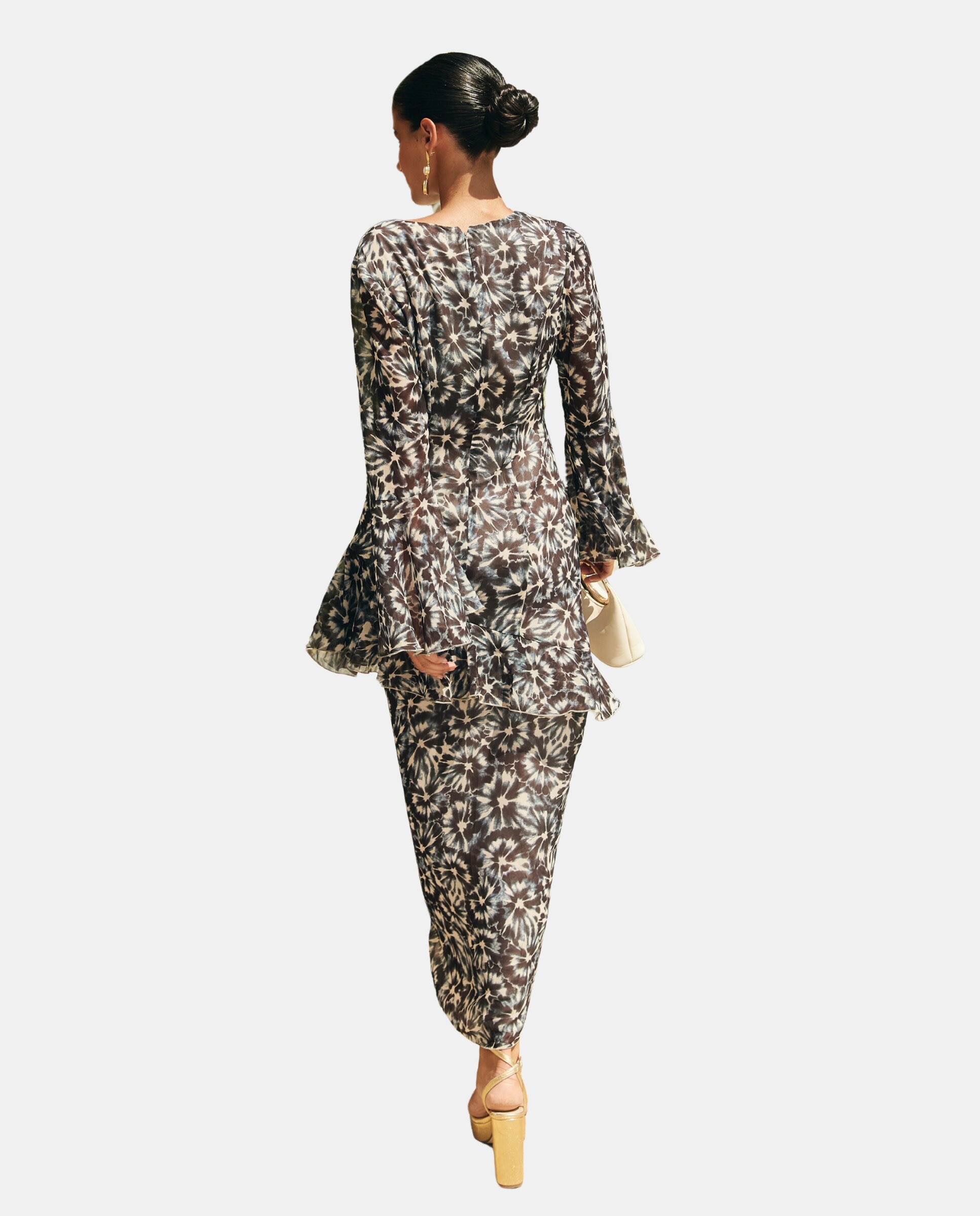 Vestido Midi Estampado com Folho Assimétrico Castanho-escuro-2