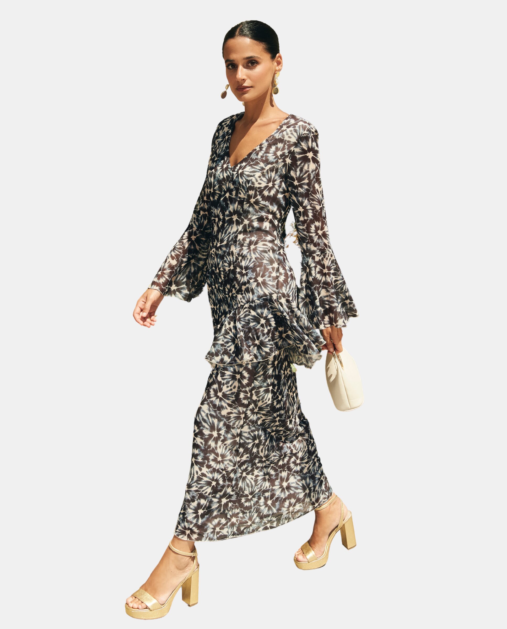 Vestido Midi Estampado com Folho Assimétrico Castanho-escuro-3