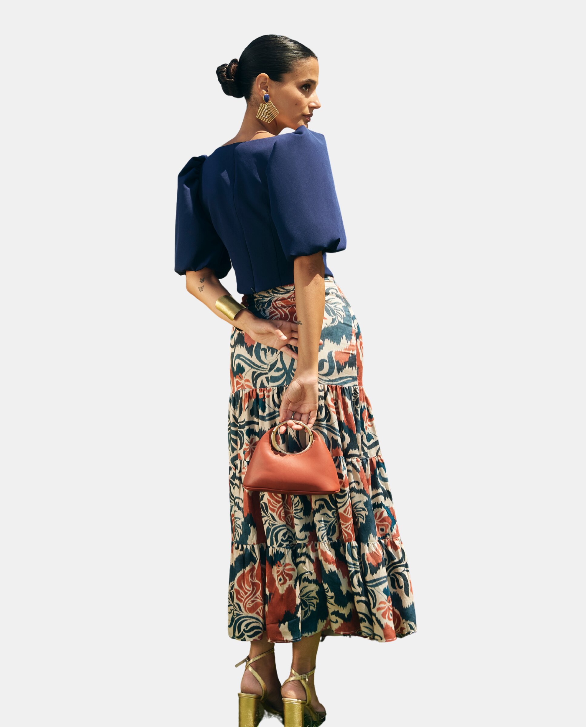 Saia Midi com Folhos Estilo Canastero Azul / Branco-2
