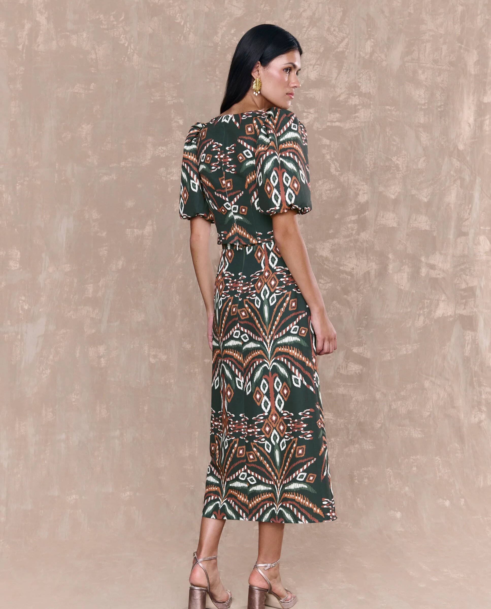 Saia Midi Estampada Corte Evasé Verde-escuro-2