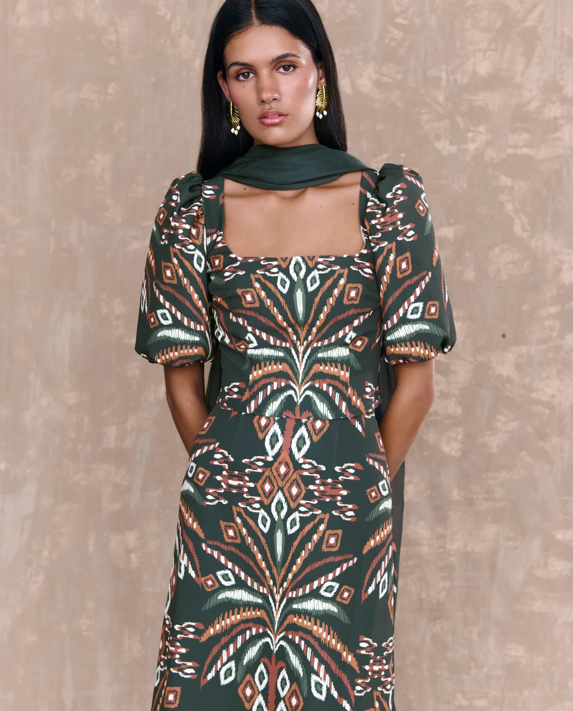 Saia Midi Estampada Corte Evasé Verde-escuro-3