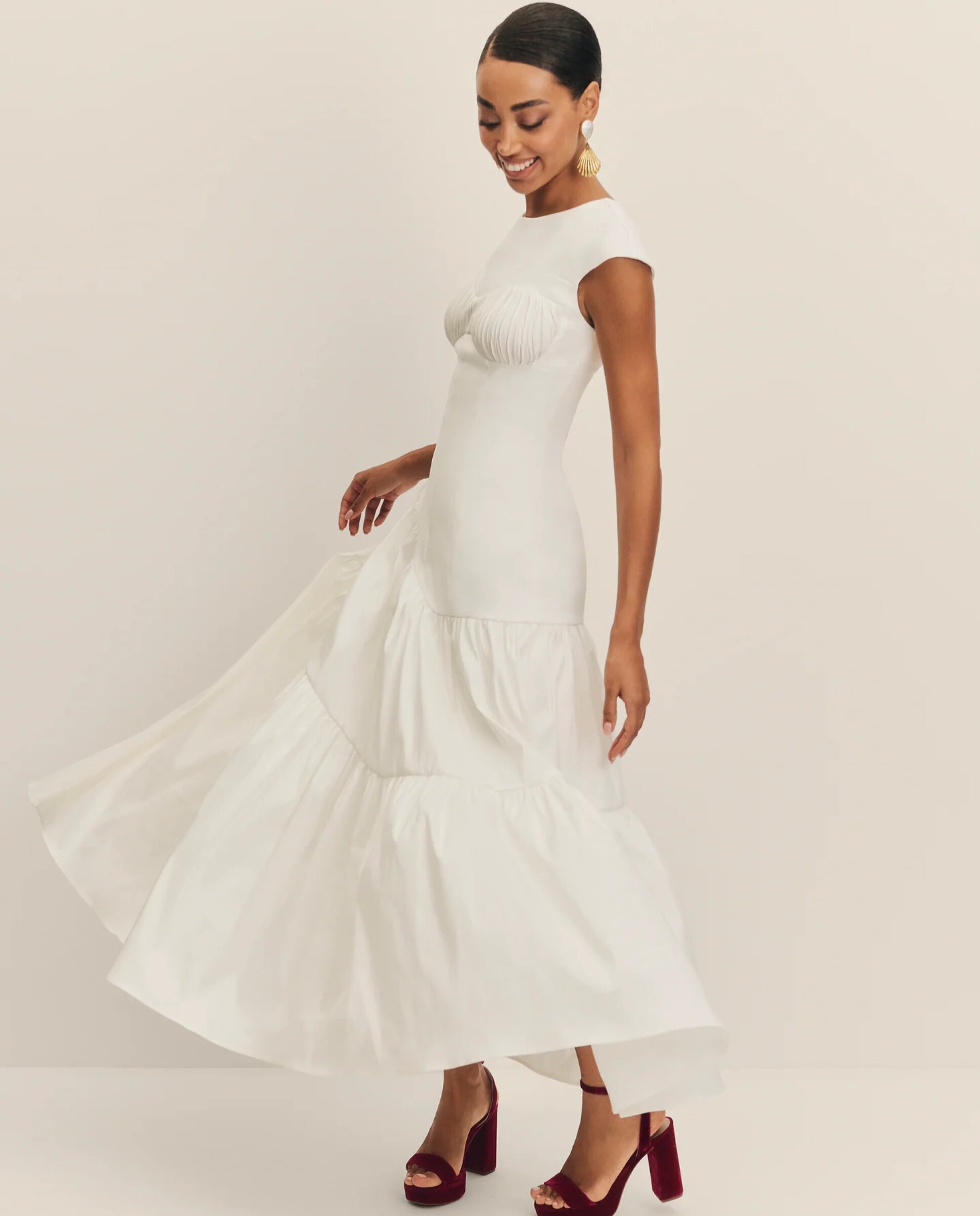 Vestido Midi de Noiva com Decote Plissado e Folhos Branco-1
