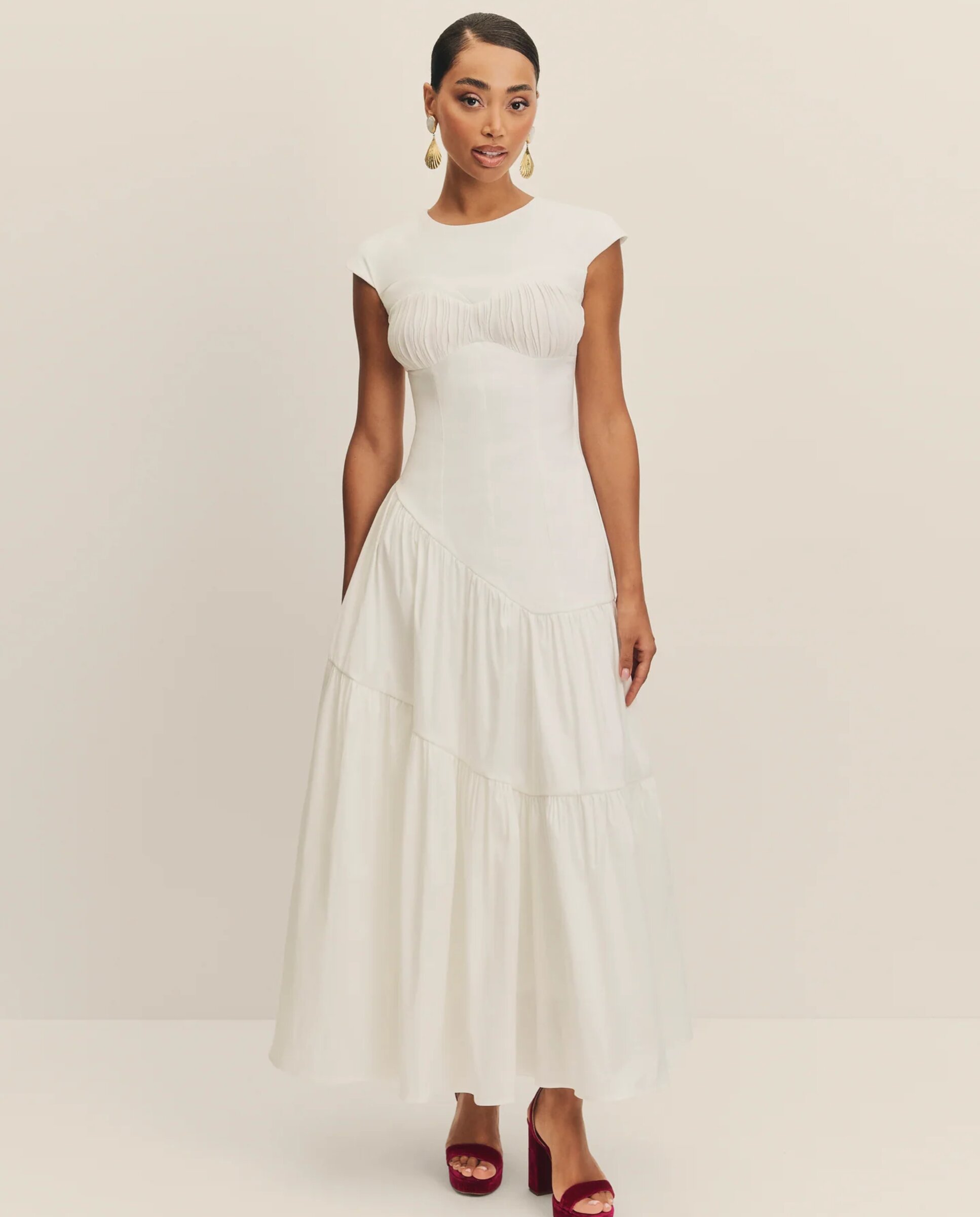 Vestido Midi de Noiva com Decote Plissado e Folhos Branco-2