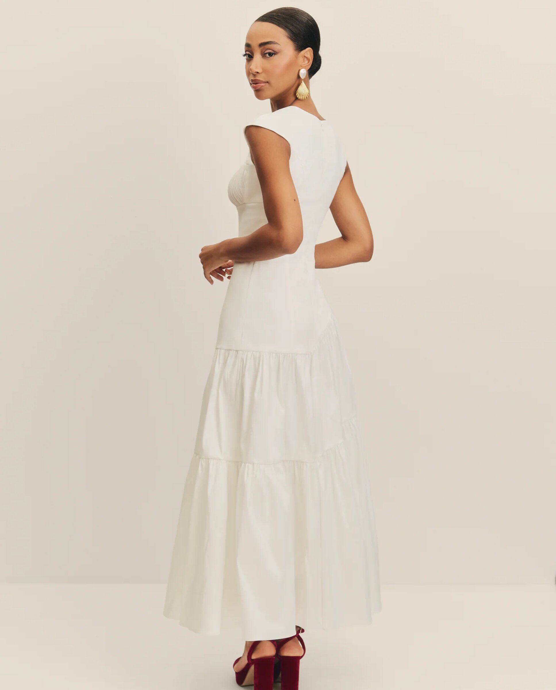 Vestido Midi de Noiva com Decote Plissado e Folhos Branco-4