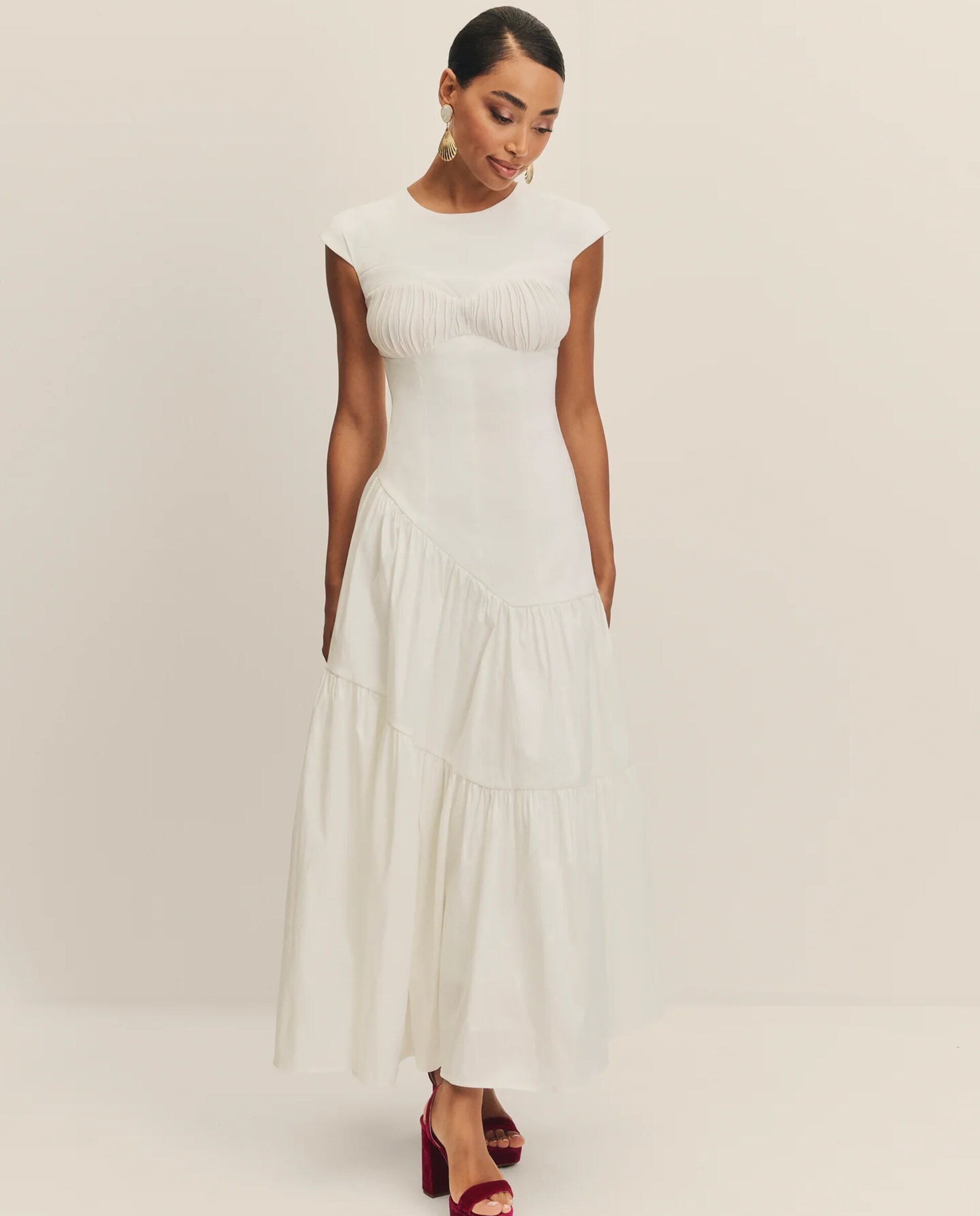 Vestido Midi de Noiva com Decote Plissado e Folhos Branco-5