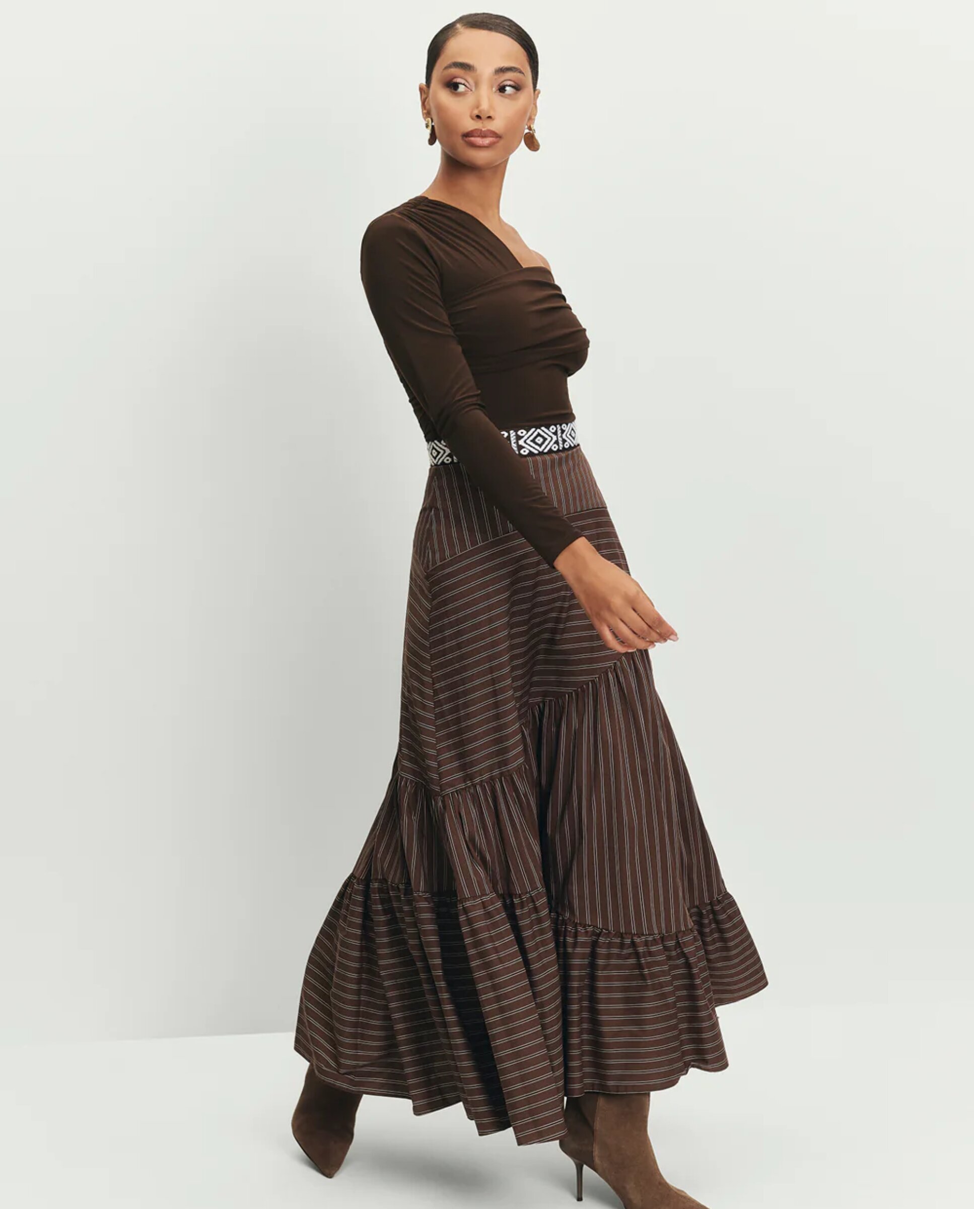 Saia Comprida Às Riscas Estilo Boho-chic Castanho-escuro-2