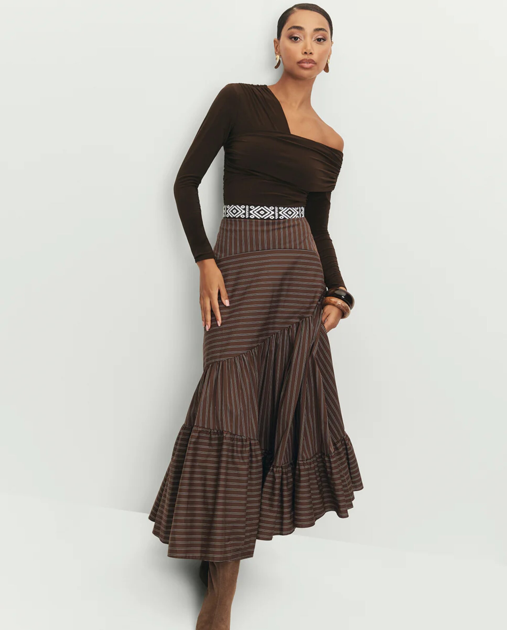 Saia Comprida Às Riscas Estilo Boho-chic Castanho-escuro-4