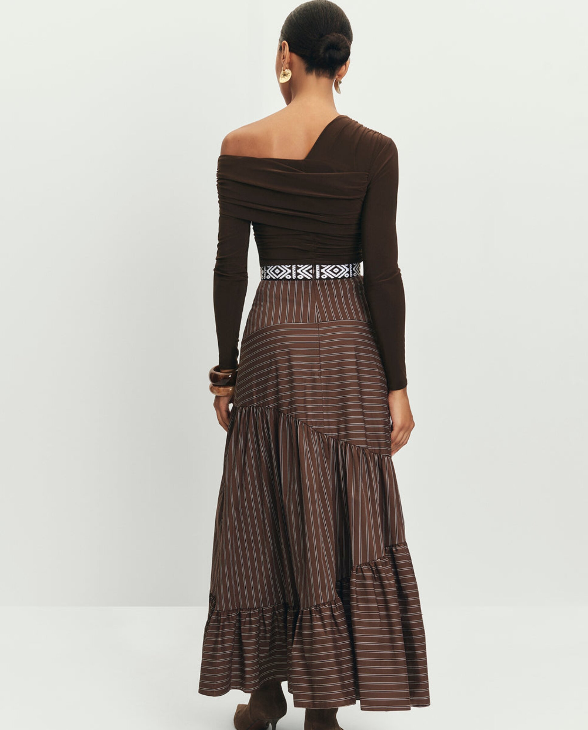 Saia Comprida Às Riscas Estilo Boho-chic Castanho-escuro-5