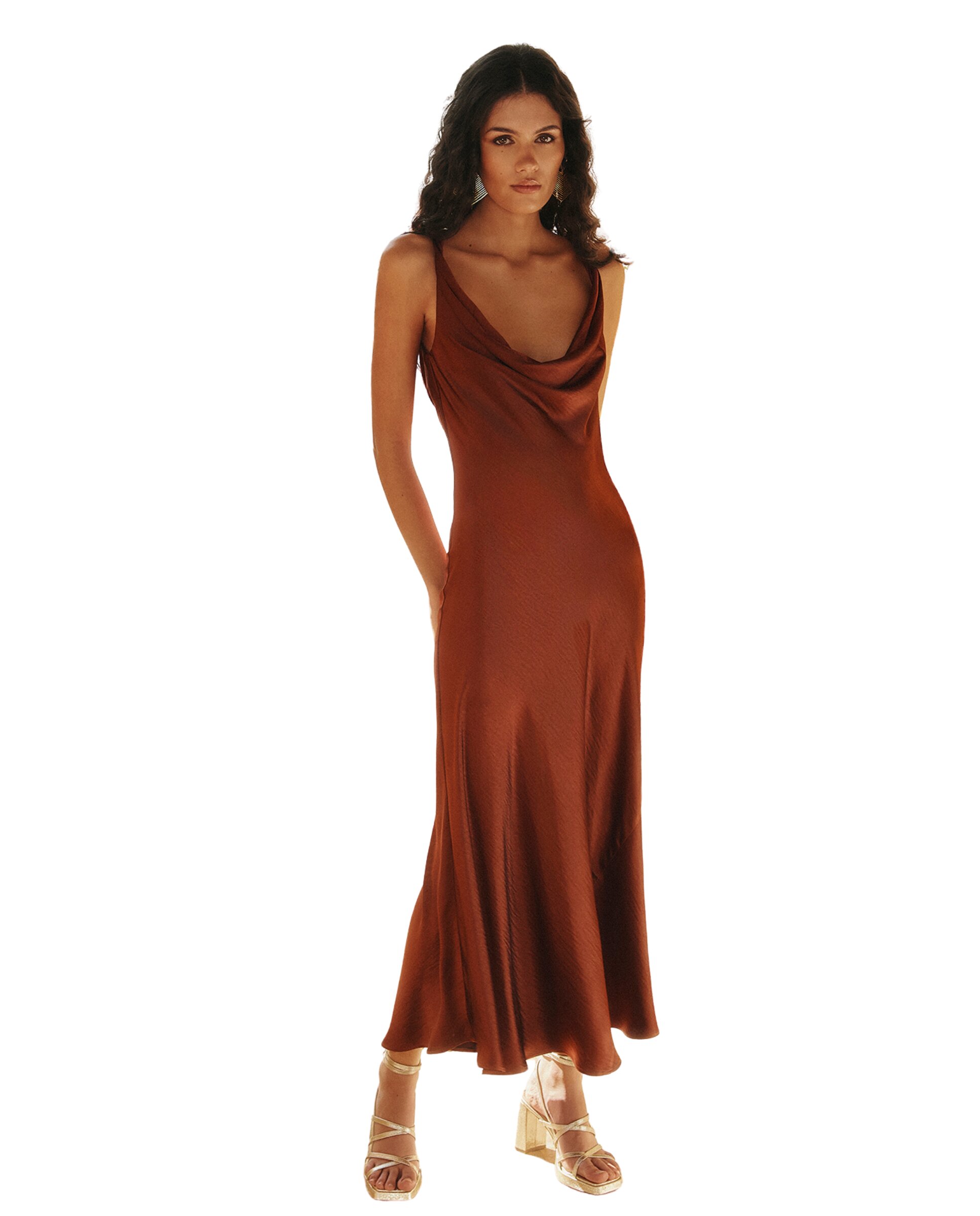 Imagem 0 de Vestido Midi Acetinado com Drapeado no Decote e Costas