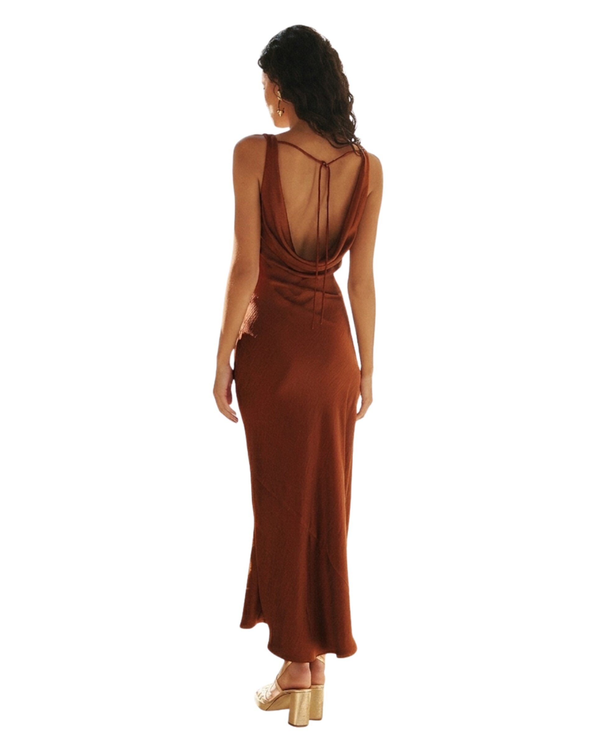 Vestido Midi Acetinado com Drapeado no Decote e Costas Terracota-2