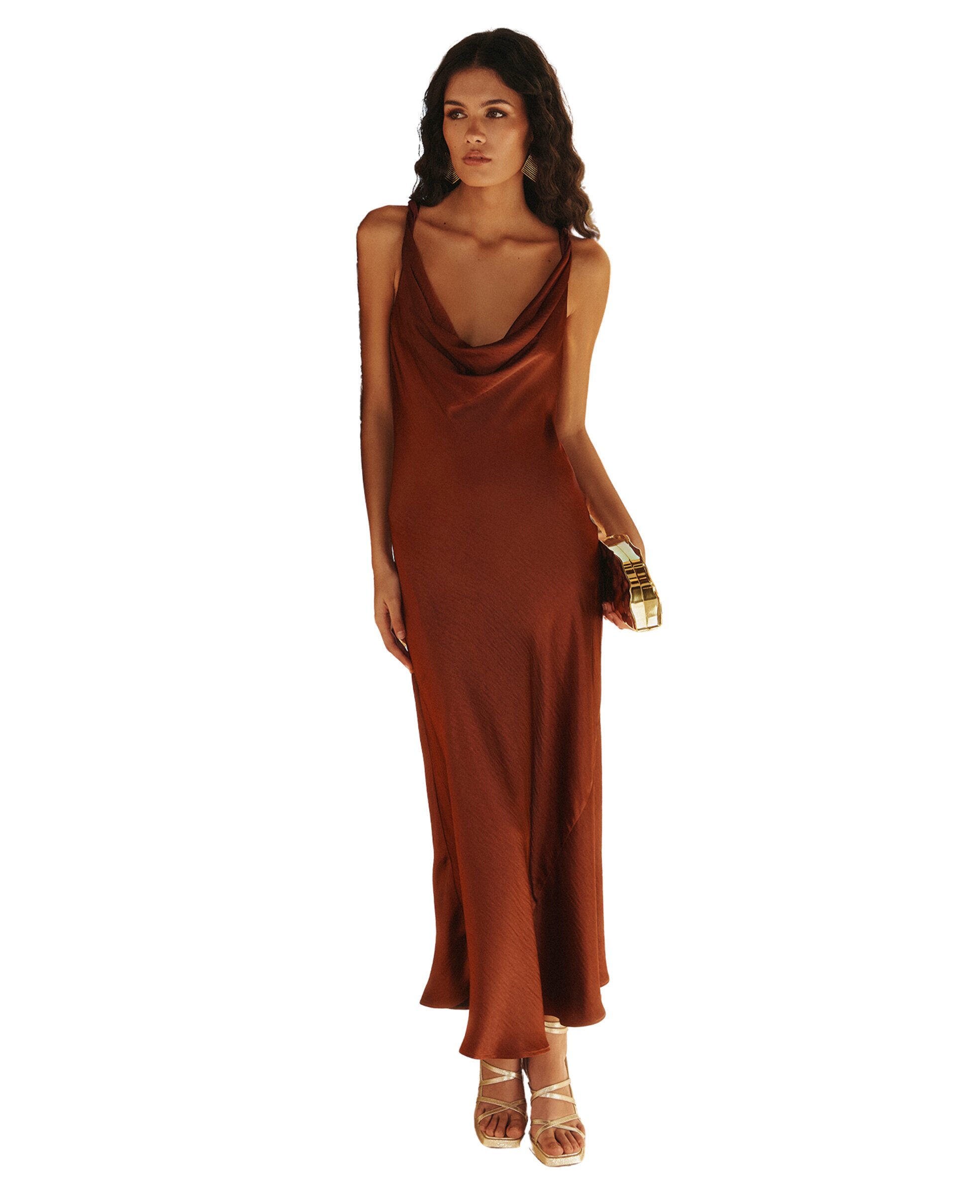 Vestido Midi Acetinado com Drapeado no Decote e Costas Terracota-3