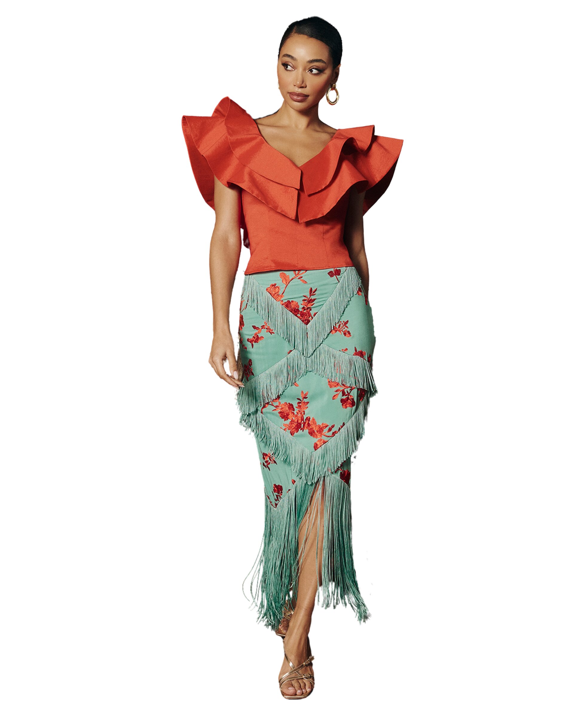 Top com Decote em V e Folho Duplo Coral-3