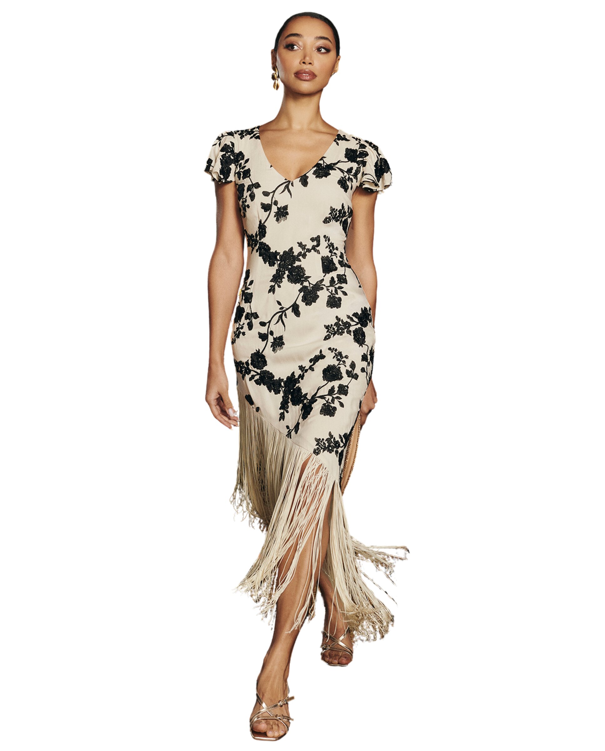 Imagem 0 de Vestido Midi com Bordado Floral e Franjas