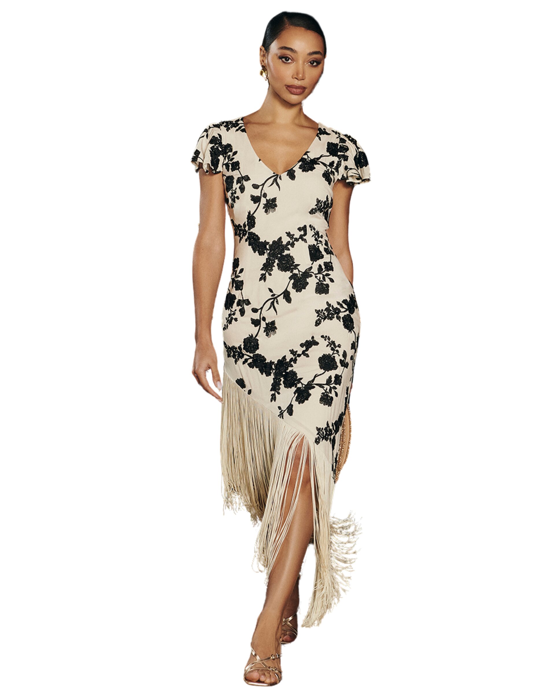 Vestido Midi com Bordado Floral e Franjas Cru-2