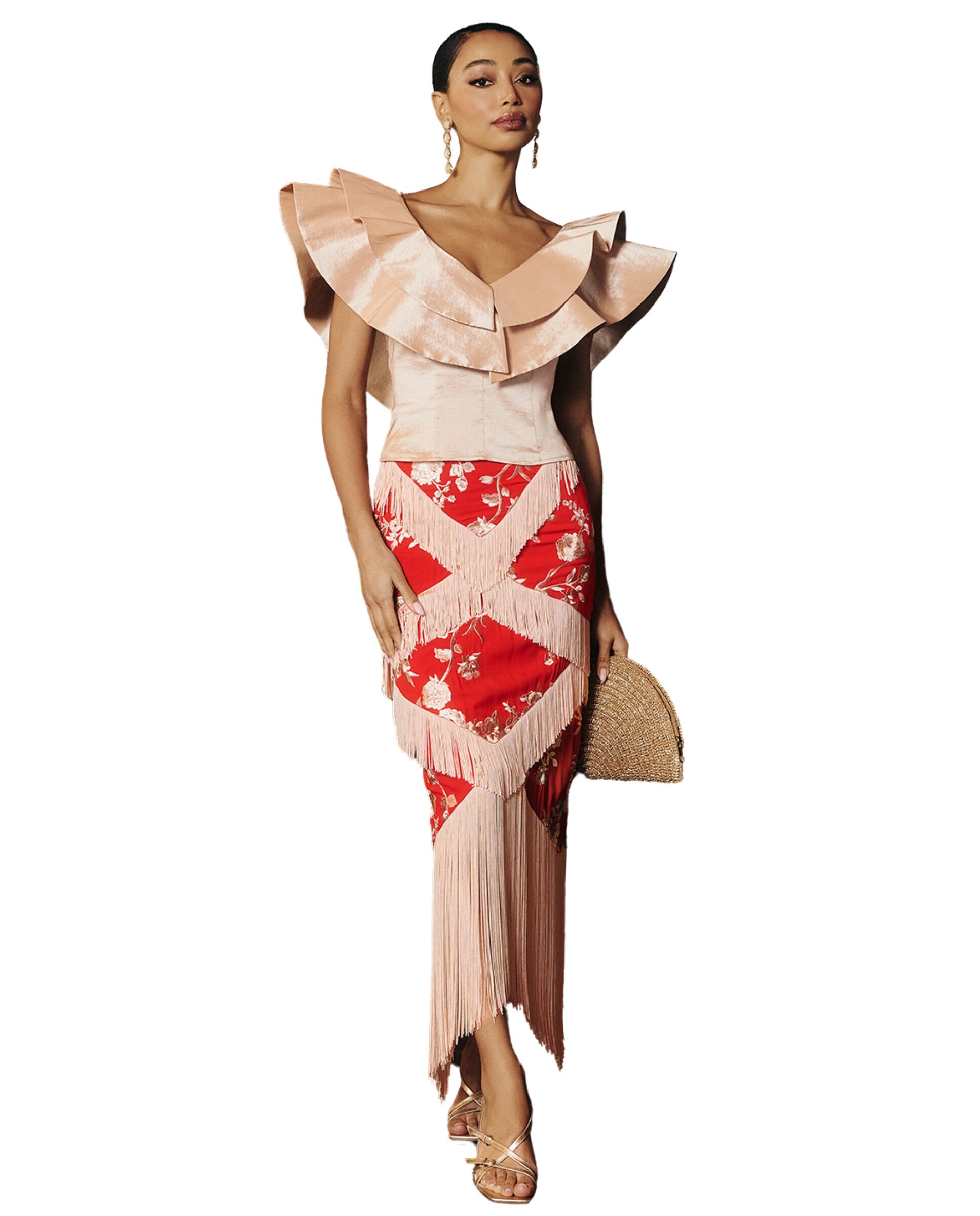 Saia Midi com Franjas Estampada Coral-2