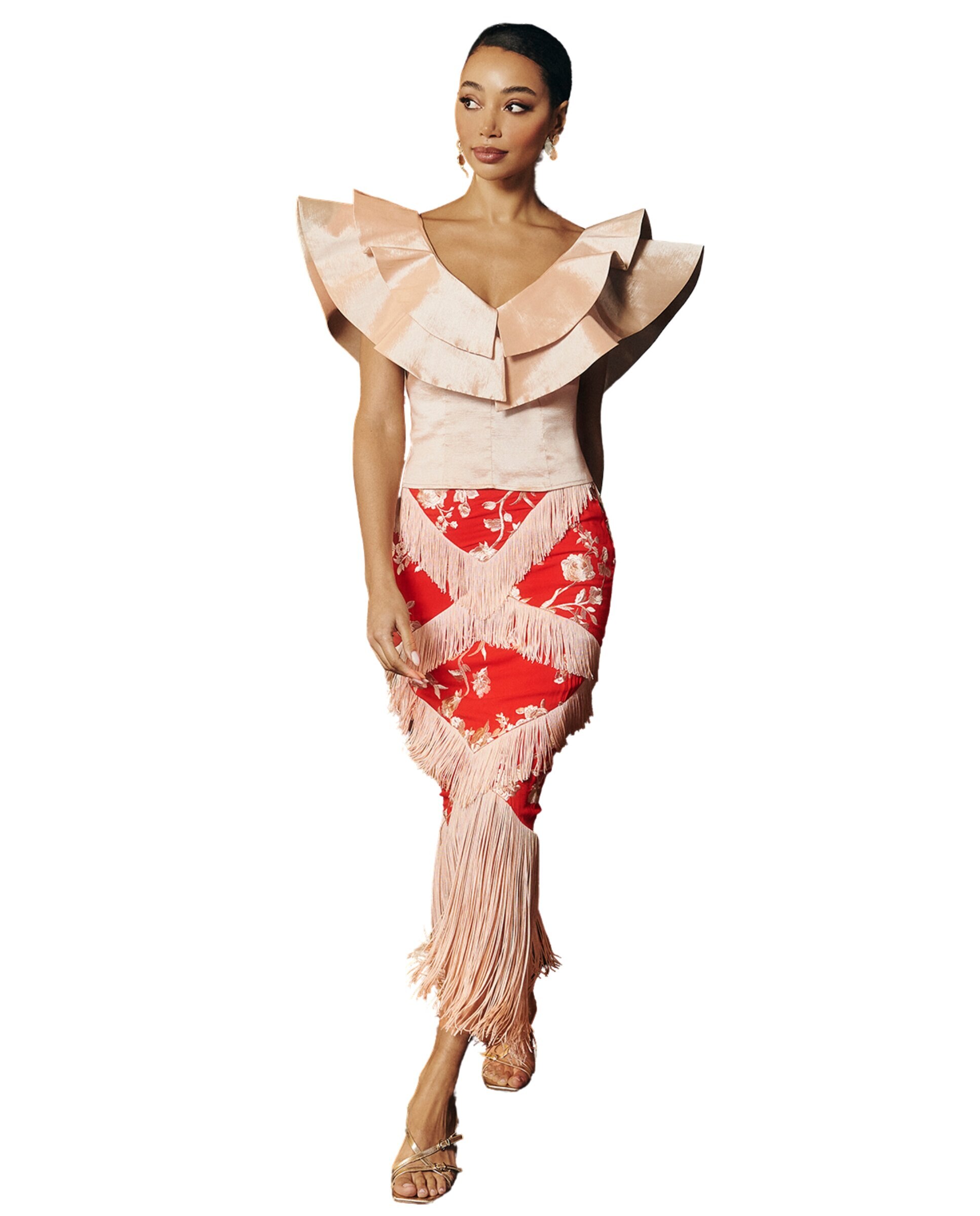 Saia Midi com Franjas Estampada Coral-3