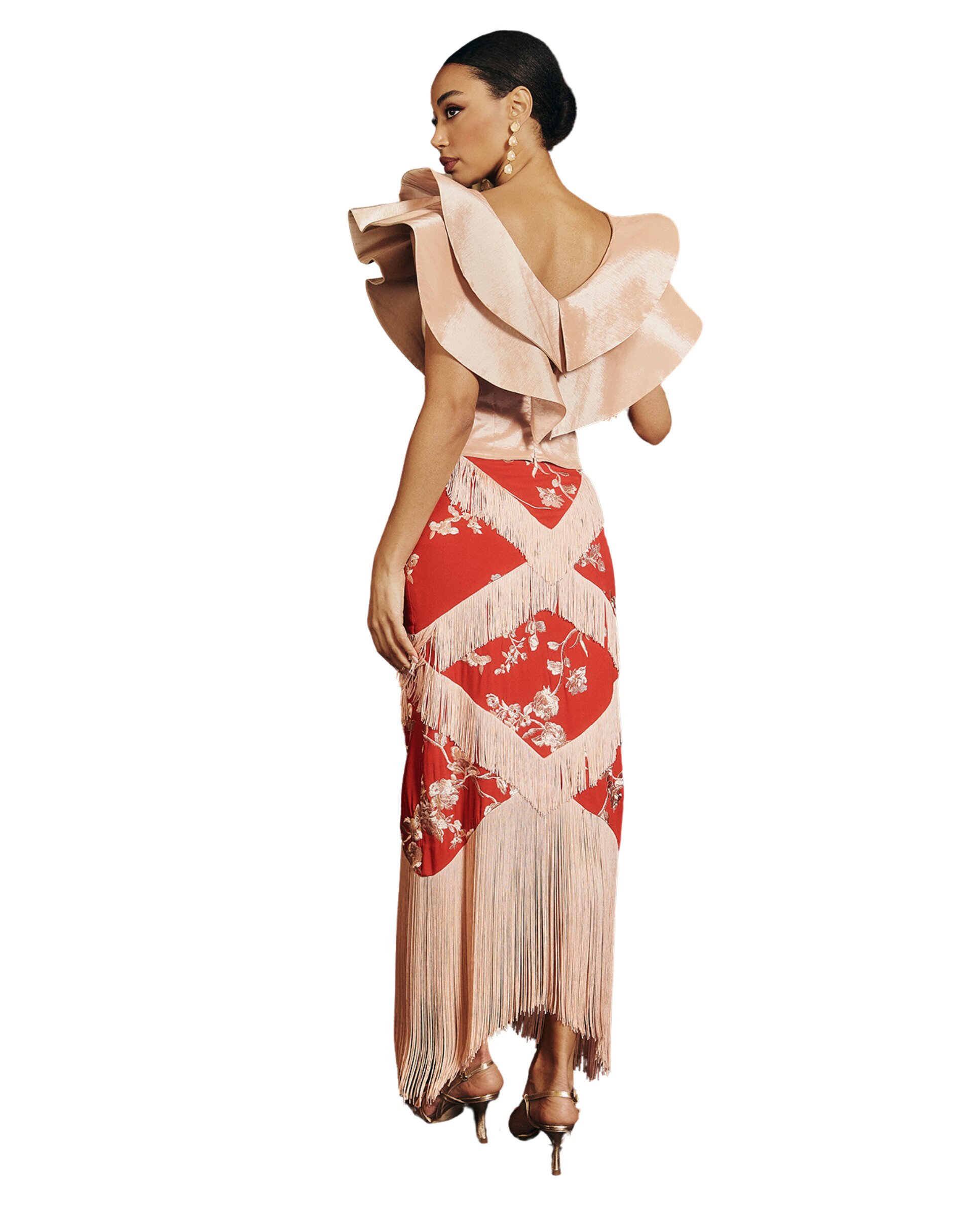 Saia Midi com Franjas Estampada Coral-4