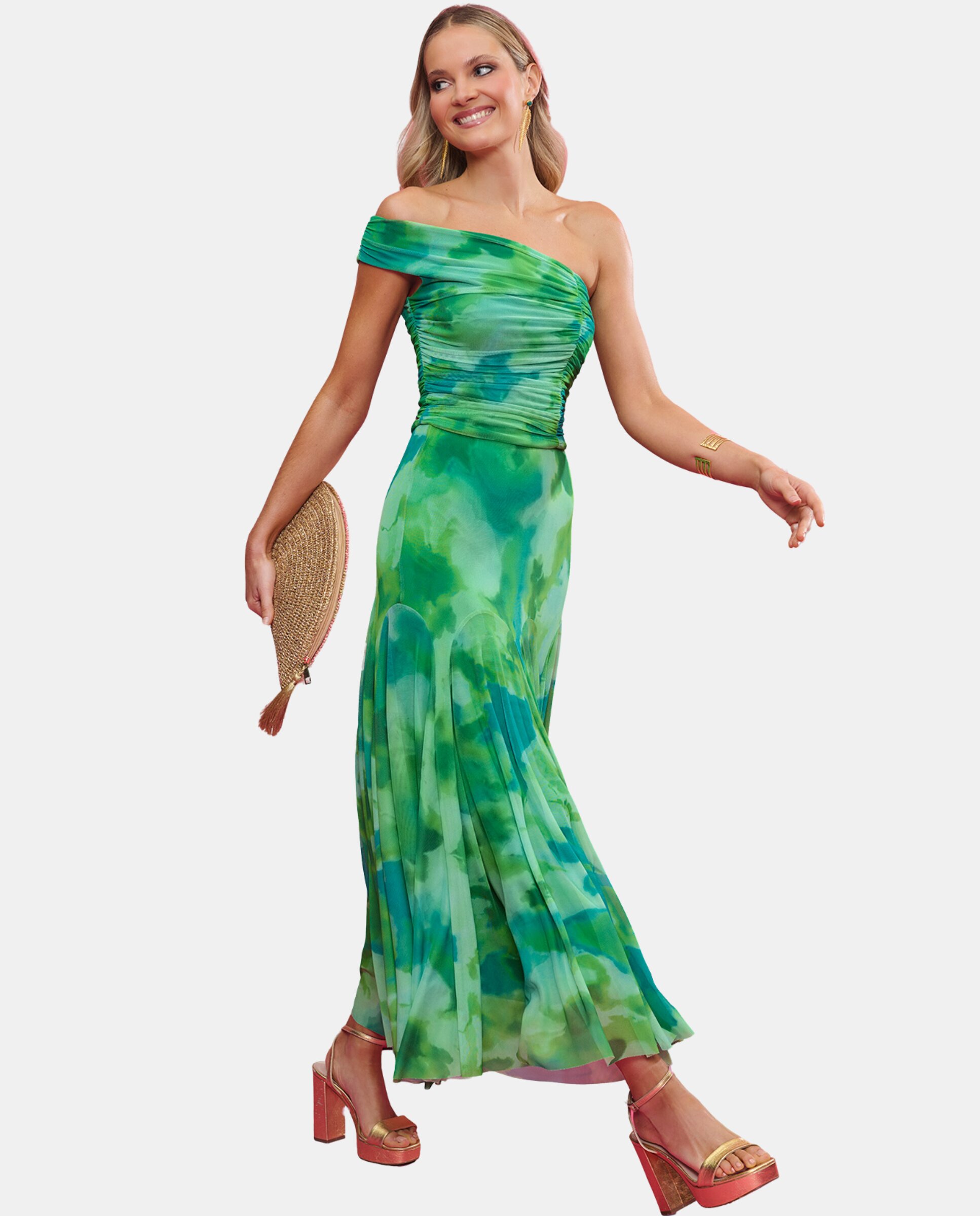 Saia Midi de Tule Estampada com Corte Godets Circular Verde-2